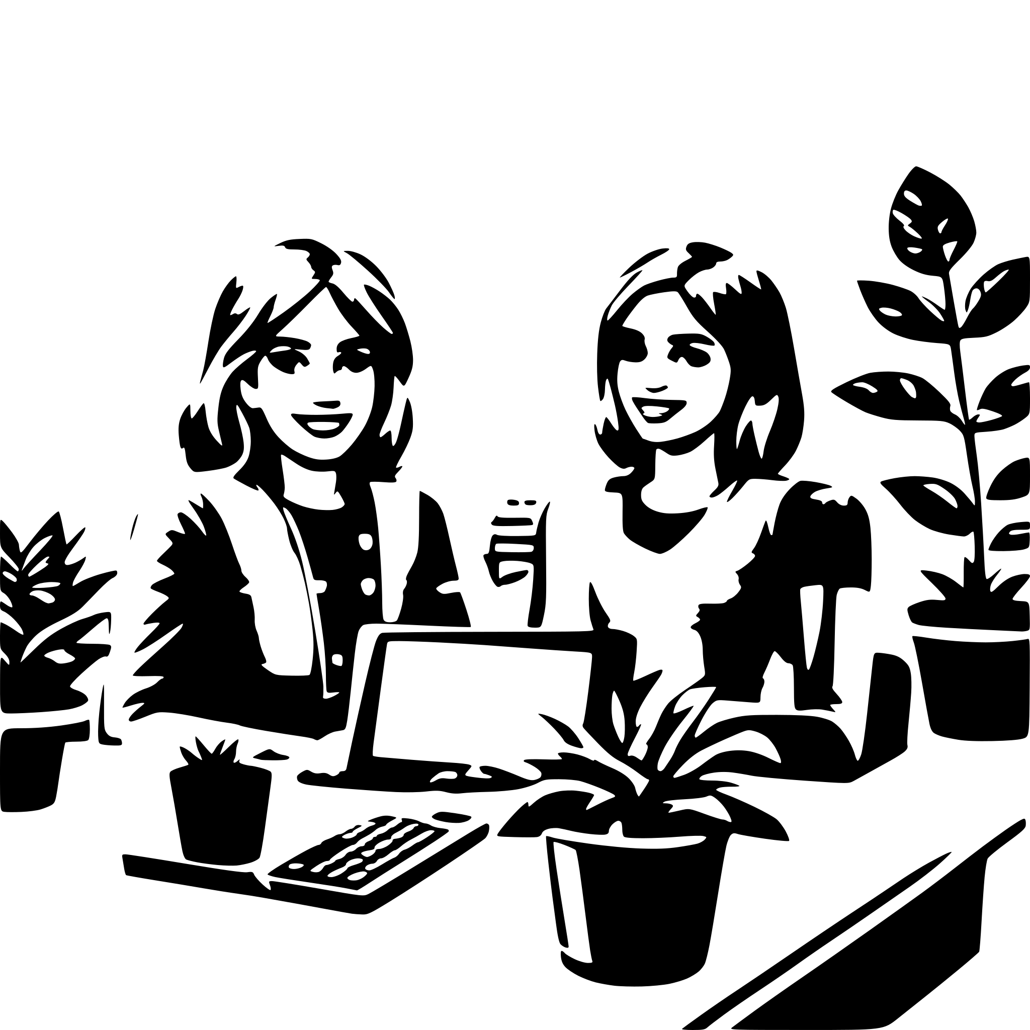 AI-generated SVG of a 3 young people, meeting, computer, desk, plant, happy