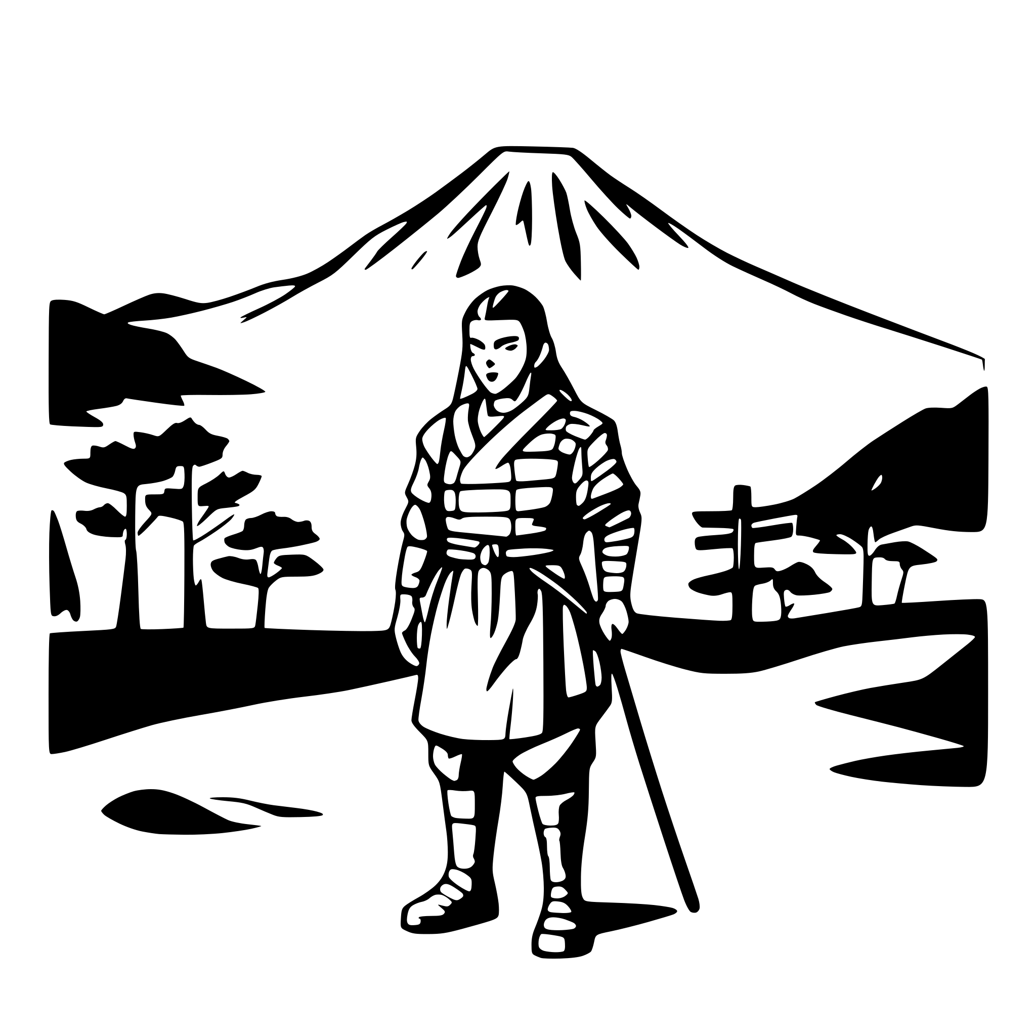 AI-generated SVG of a A black and white vector line art of a samurai standing in front of mountains, traditional Japanese ink style, minimal shading, clean outlines, high contrast, silhouette composition, SVG illustration, no color