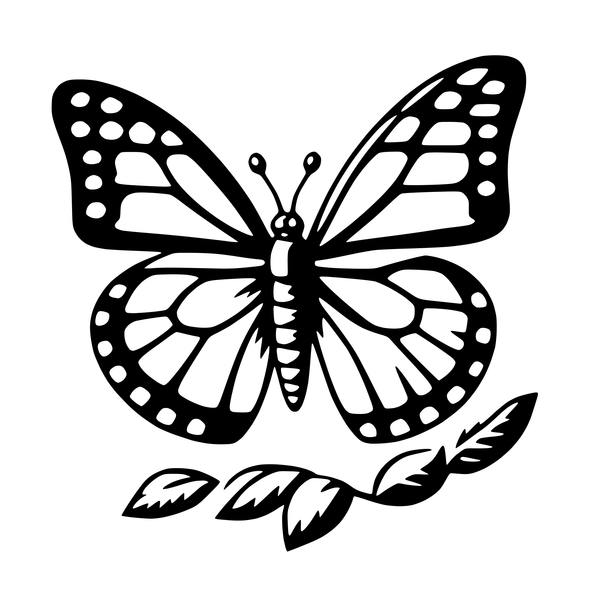 The SVG features a stylized butterfly with a detailed wing pattern and a long antenna. Below the butterfly, there are two leaves, one on each side, with a simple outline and a few small dots to suggest texture or detail. The butterfly is centered and is the most prominent object in the SVG. The leaves are positioned symmetrically on either side of the butterfly, creating a balanced composition. The SVG does not depict any interaction between the objects; it is a static, decorative design. 
