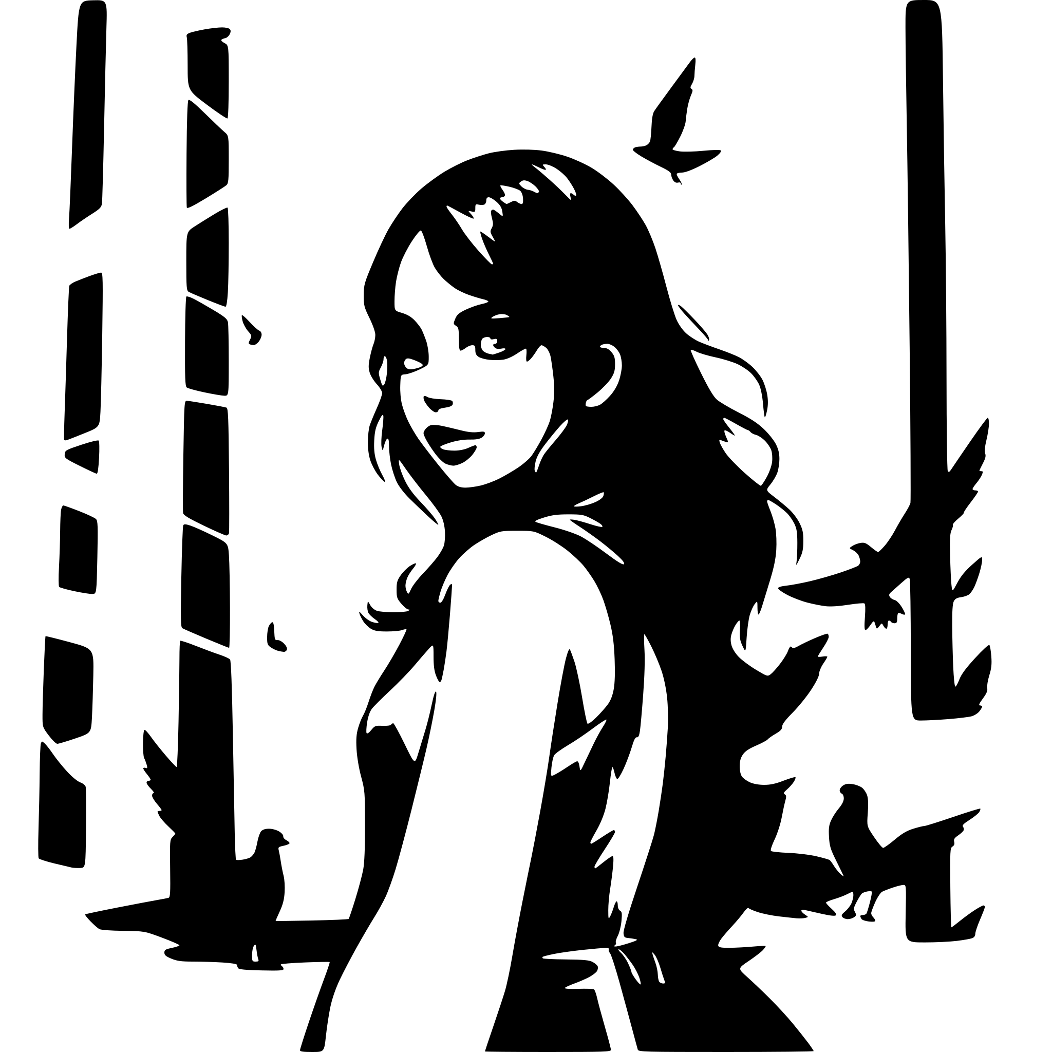 AI-generated SVG of a creepy girl surrounded by birds in a laneway with the steeples of a dark and ruined city looming over