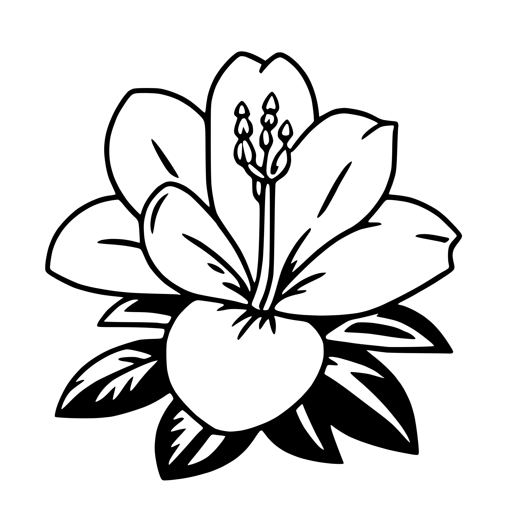 The SVG depicts a stylized flower with a prominent central stem and a series of petals that radiate outward. The petals are arranged in a symmetrical pattern, with the central stem and leaves at the center. The leaves are detailed with veins and have a slightly darker outline than the petals, suggesting a three-dimensional effect. The overall style is simple and graphic, with clean lines and a lack of shading or texture. The SVG does not contain any text or additional elements. 
