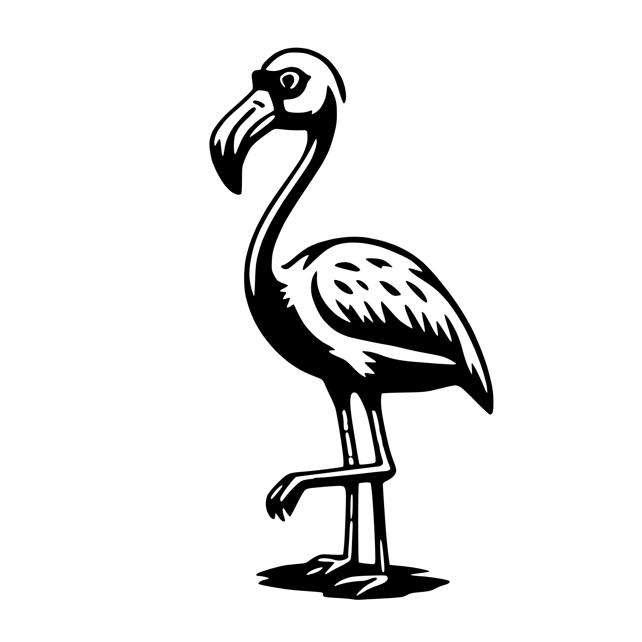 The SVG shows a stylized black and white illustration of a bird, which appears to be a crane or a similar long-necked bird. The bird is depicted with a long neck, a prominent beak, and a patterned body. It is standing on one leg, which is a common posture for many bird species. The bird's wings are not visible in this SVG. The background is plain and does not interact with the bird. The SVG is simple and does not contain any additional objects or interactions. 
