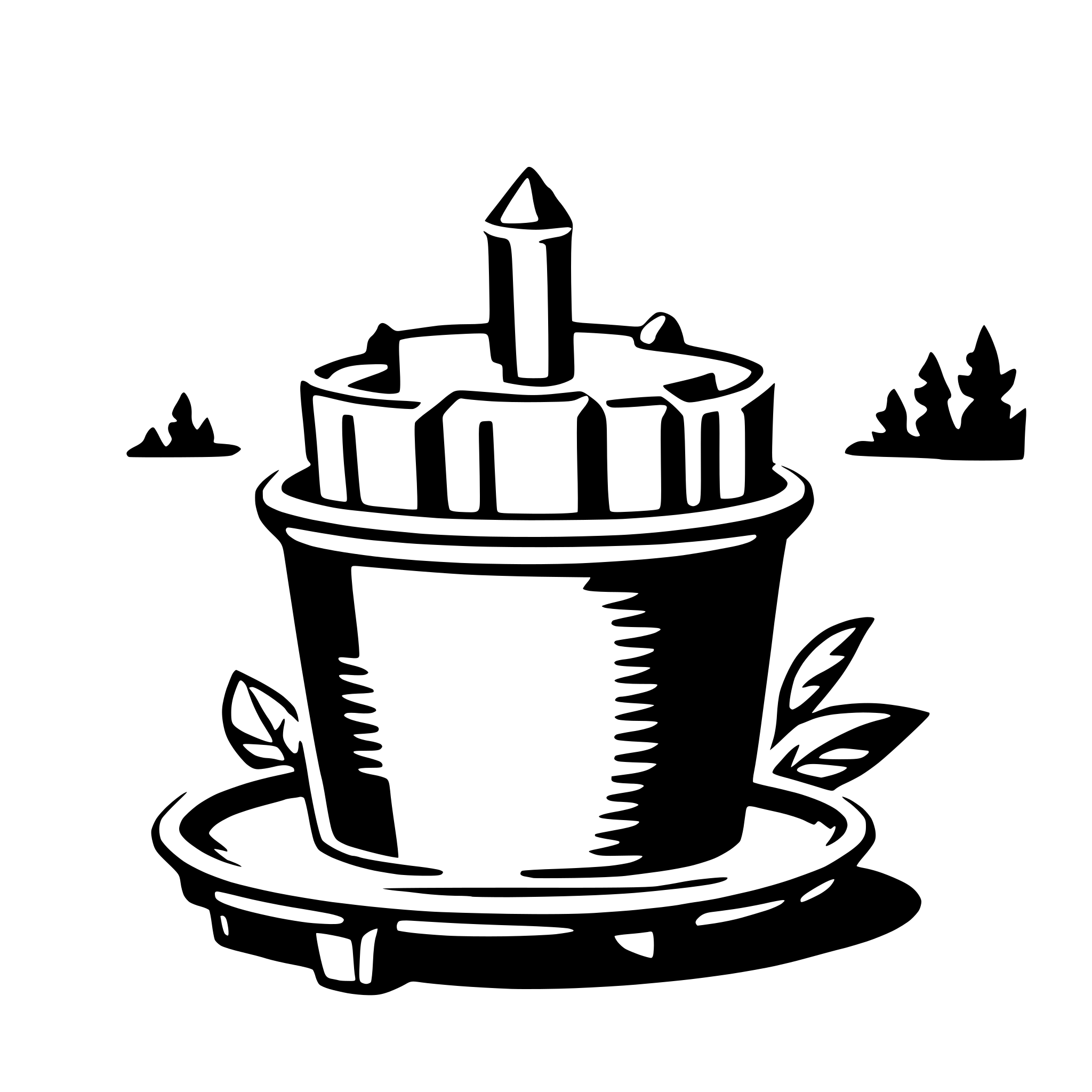 The SVG depicts a stylized illustration of a cake with a candle on top, placed on a cake stand. The cake has a cylindrical shape with a flat top and a fluted design on the sides. The candle is tall and slender, with a pointed top. The cake stand is circular with a raised rim and a small, decorative leaf design on the side. In the background, there are two small trees or shrubs, suggesting an outdoor setting. The illustration is simple and uses solid lines and shapes without any shading or gradients, giving it a flat appearance. 