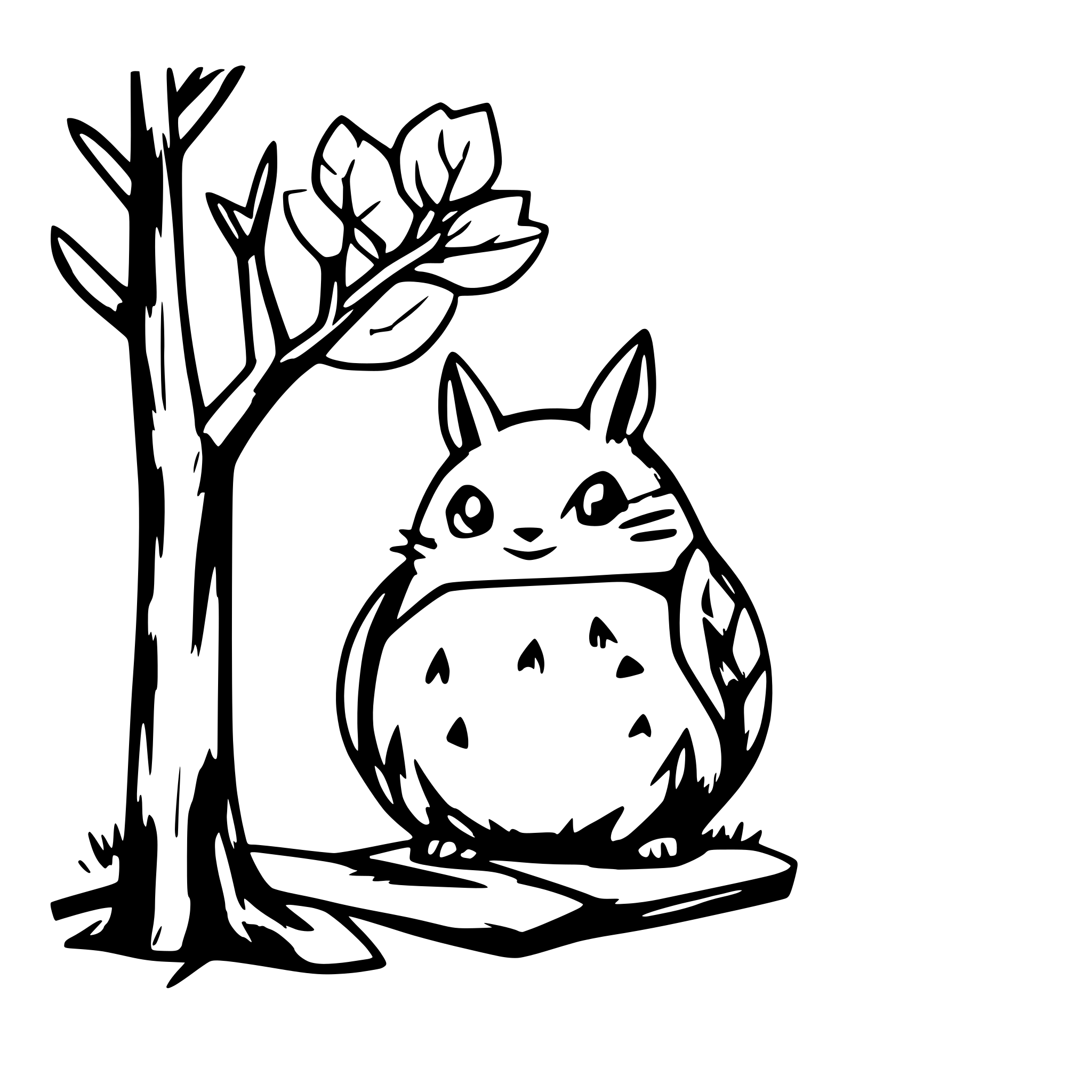 AI-generated SVG of a totoro with a one japanese cherry tree for colouring only lines in the style of hayao miyazaki