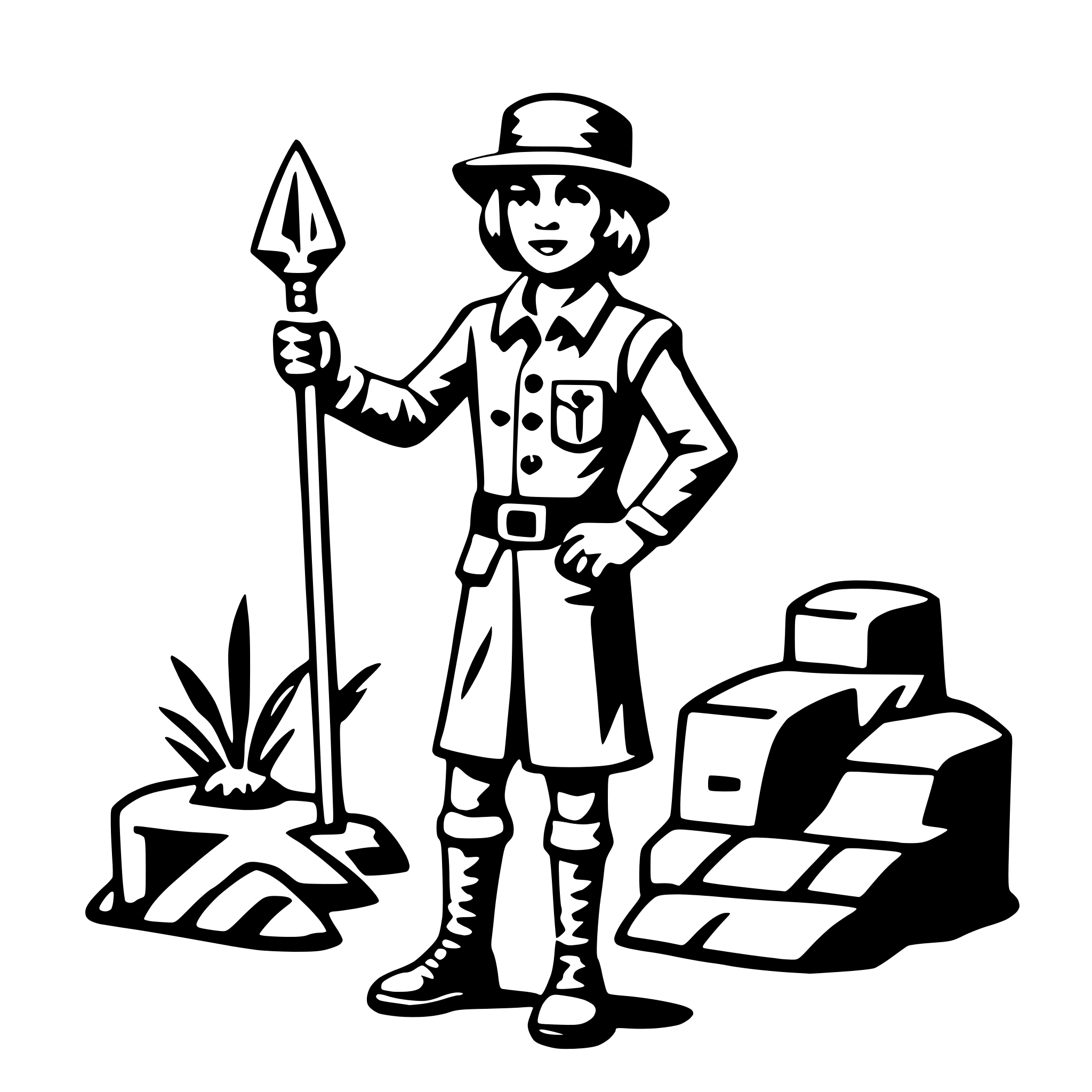 The SVG depicts a stylized, cartoon-like character standing in front of a small plant. The character is wearing a wide-brimmed hat, a short-sleeved shirt, and long pants with a belt. They are holding a long, pointed object that resembles a spear or a staff. To the right of the character, there is a stack of what appears to be bricks or blocks. The character is standing on a flat surface, and the plant is growing from a small mound of soil. The overall impression is that of a person engaged in some form of outdoor activity, possibly related to gardening or construction. 