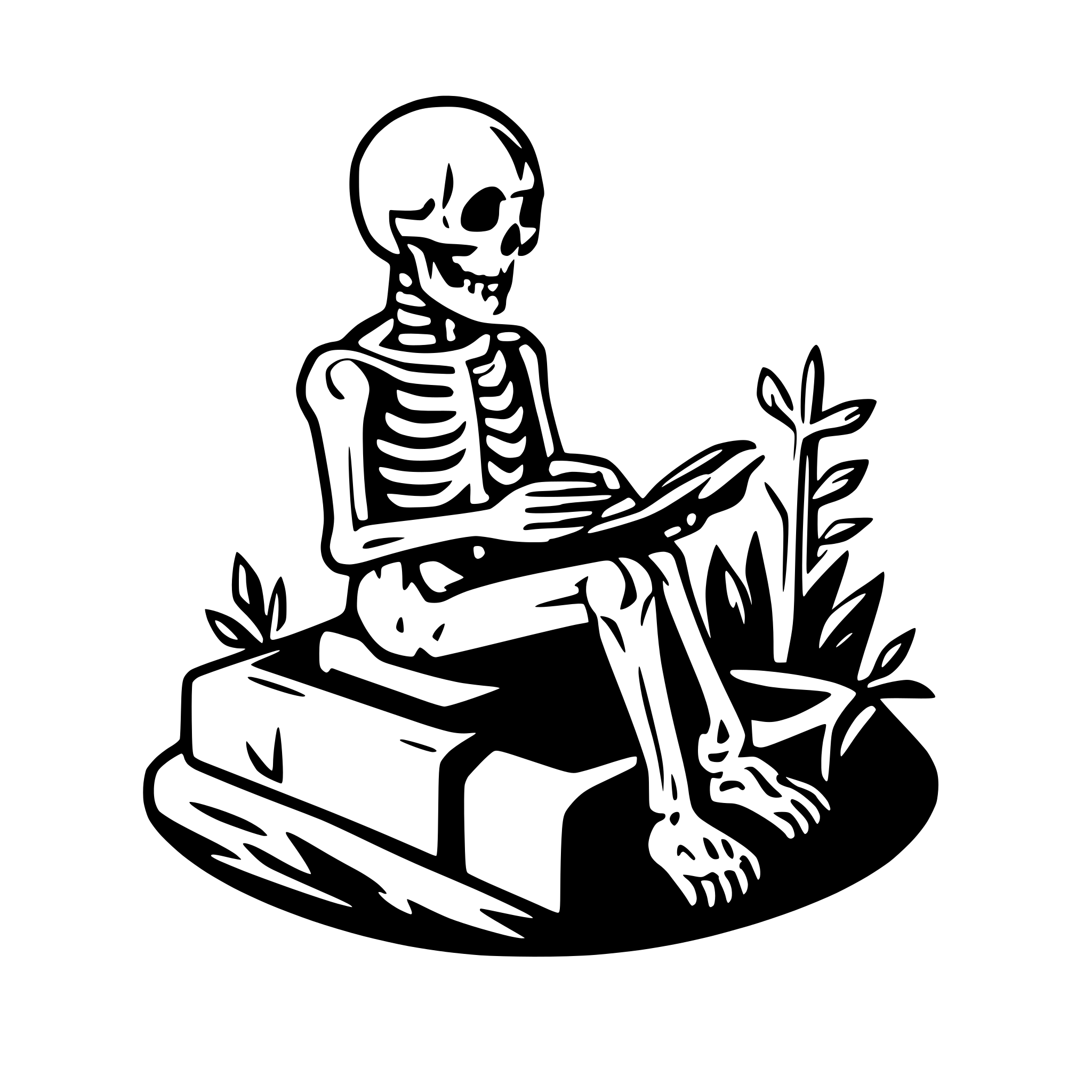 AI-generated SVG of a a skeleton sitting on a grave an reading