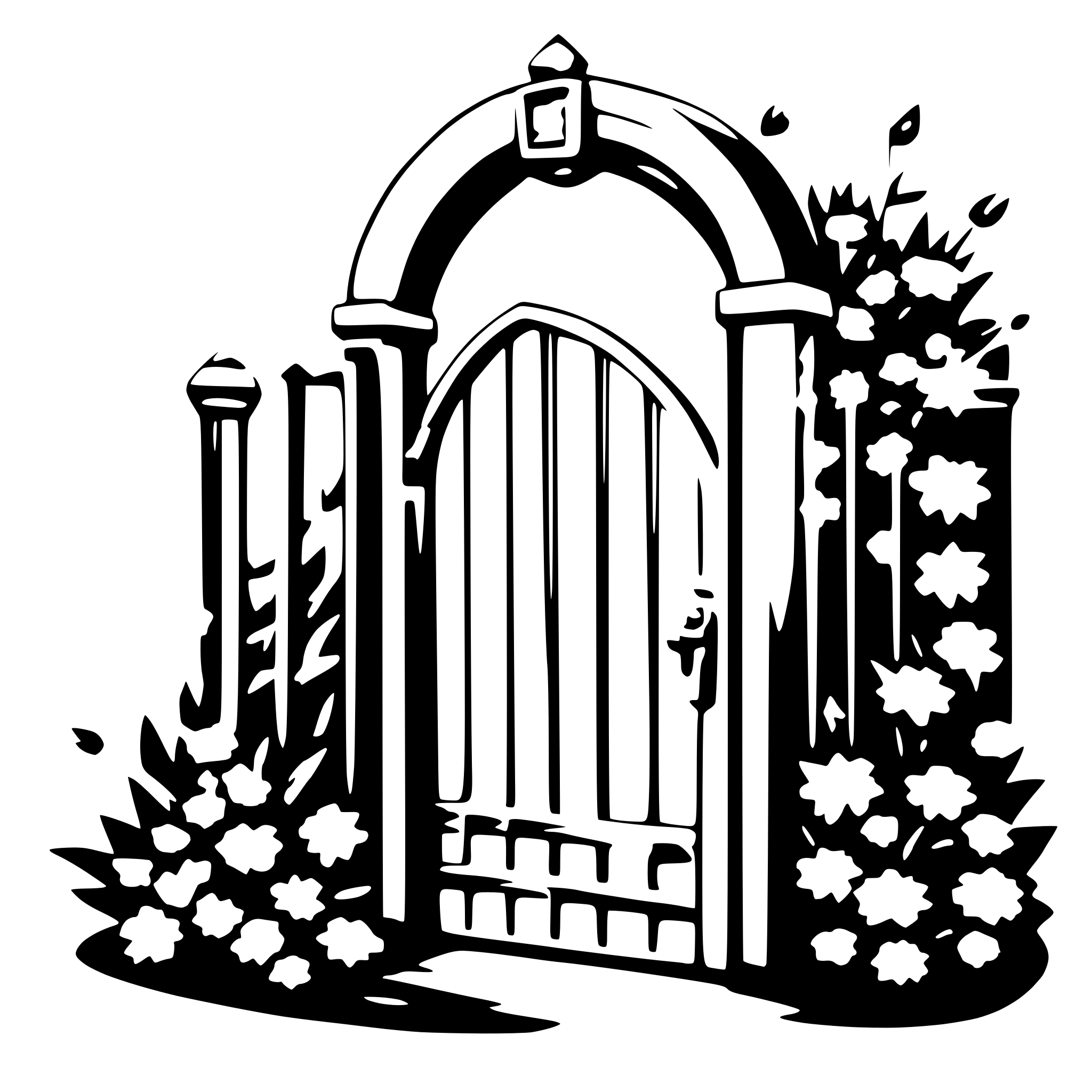 AI-generated SVG of a a romantic gate with flower wreaths