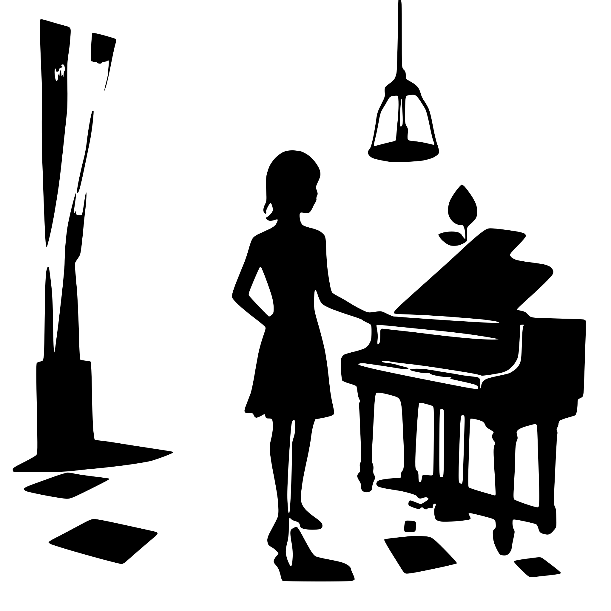 AI-generated SVG of a create a vector image with not too many details, monocrom. female figur with short hair playing piano and guitar with notes arond
