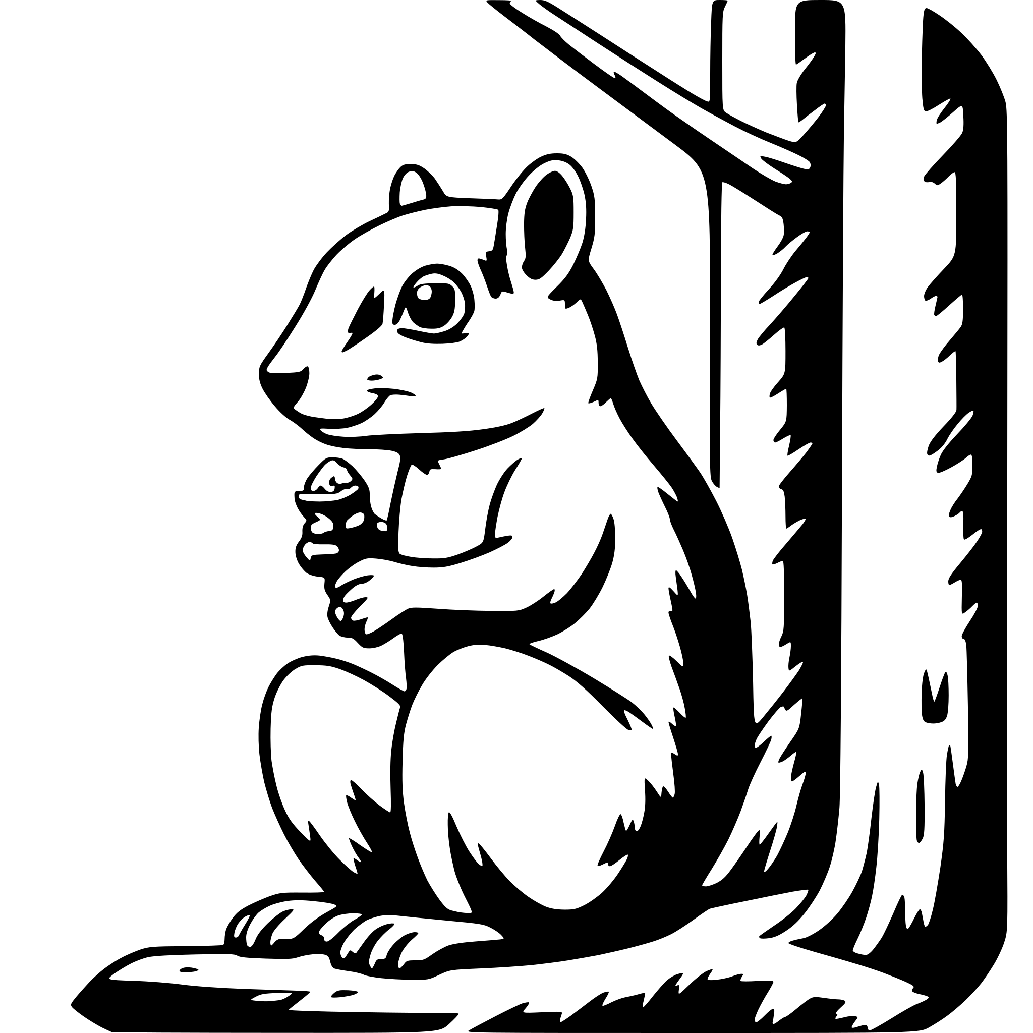 The SVG depicts a cartoon-style illustration of a squirrel sitting on a tree stump. The squirrel is holding a piece of food, which appears to be a nut, in its paws. The squirrel is looking directly at the viewer, and its tail is curled around its body. The tree stump is depicted with a rough texture, and the tree trunk behind the squirrel is also visible. The squirrel's position on the stump and its interaction with the food suggest a moment of rest or preparation to eat. 