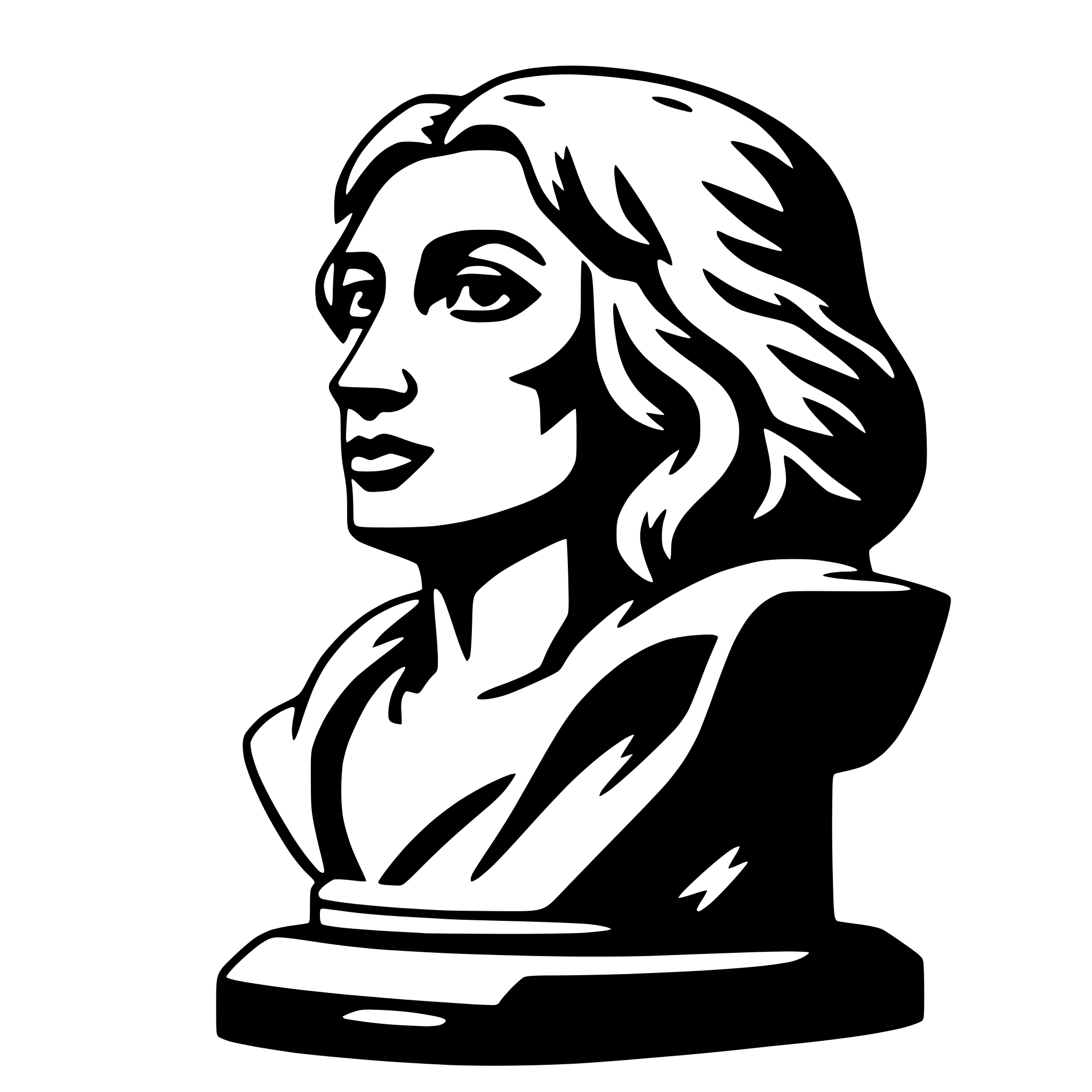 The SVG depicts a stylized black and white portrait of a person's head and shoulders. The person appears to be a woman with long hair, and she is looking slightly to the left. The portrait is framed by a simple, geometric design that suggests a bust or a statue. The SVG is flat with no shading or depth, which is typical for vector graphics. The style is minimalistic and modern. 
