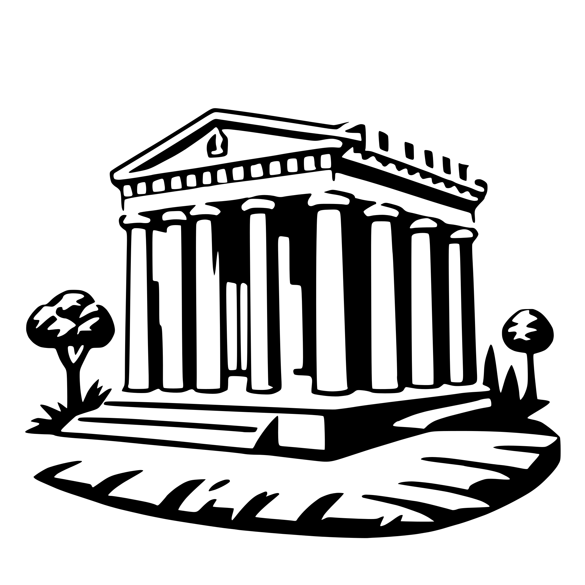 The SVG depicts a classical-style temple with columns, set against a background that suggests a natural landscape with trees and a hint of a body of water. The temple is the central focus, with the surrounding elements framing it. The columns are evenly spaced and rise to a central pediment, which is a common architectural feature of ancient Greek and Roman temples. The trees are stylized with simple shapes, and the water is represented by a few curved lines. The overall impression is one of a serene and peaceful setting, possibly a place of historical or cultural significance. 
