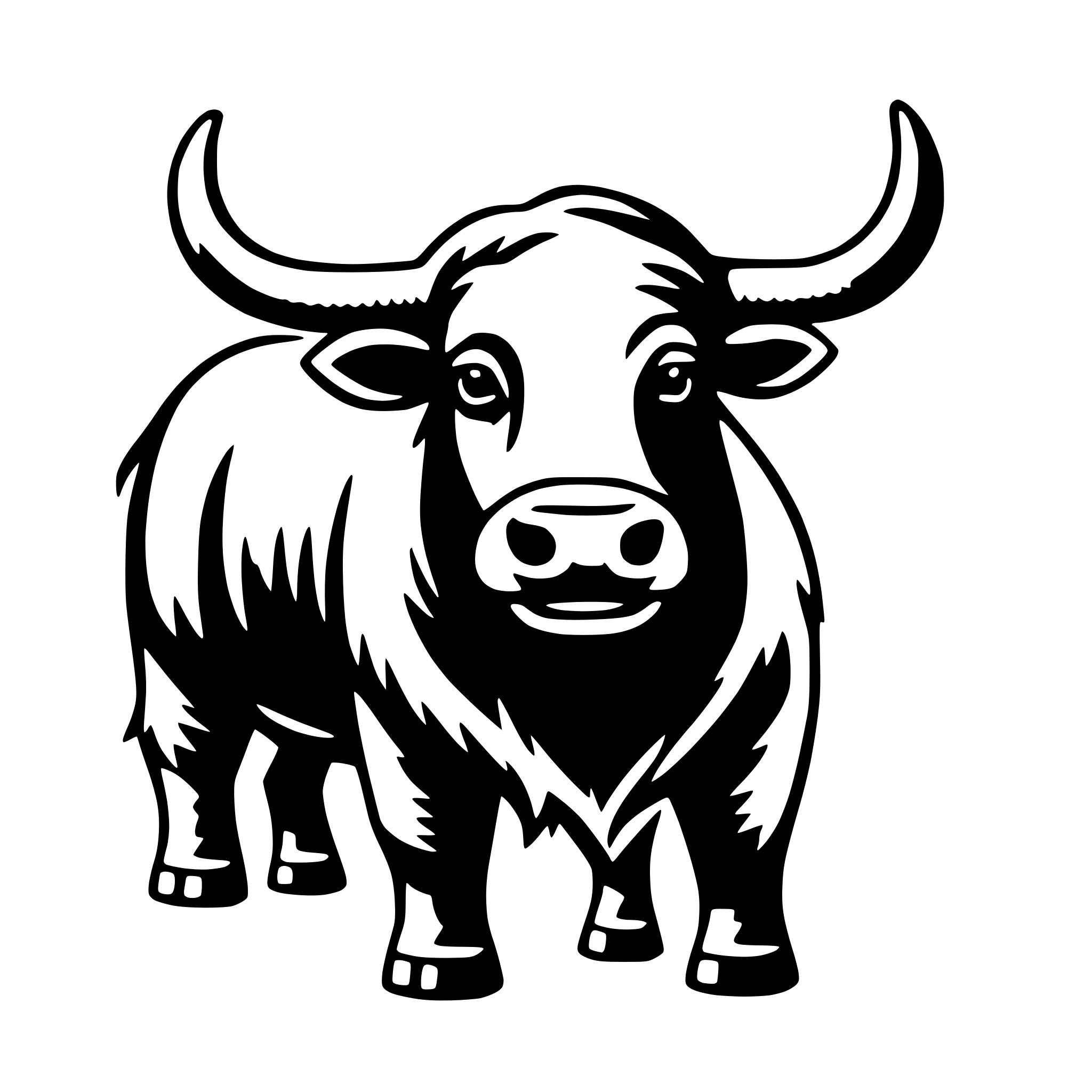 The SVG depicts a stylized black and white illustration of a bull. The bull is standing with its head turned slightly to the left, and it has a prominent set of horns. The animal's body is elongated, with a muscular build, and it has a tuft of hair on its back. The legs are sturdy, and the bull's tail is visible at the back. The SVG is simple and does not contain any additional objects or interactions. 