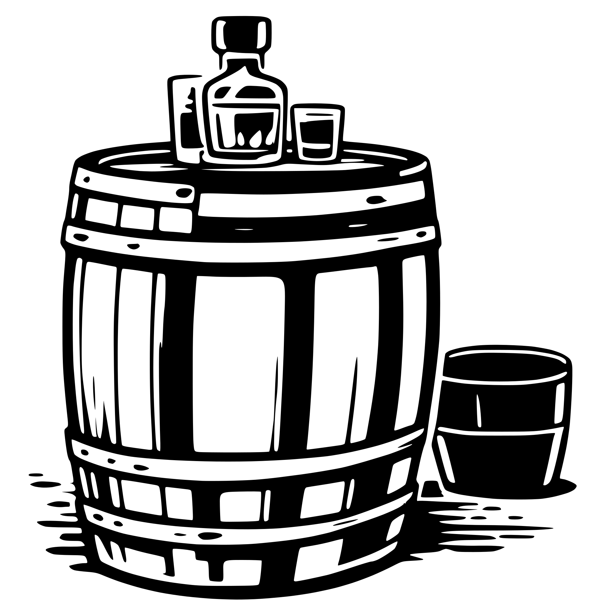 AI-generated SVG of a Create an svg file, black and white, with the words "Wally's Whiskey" with a picture of a whiskey barrel.