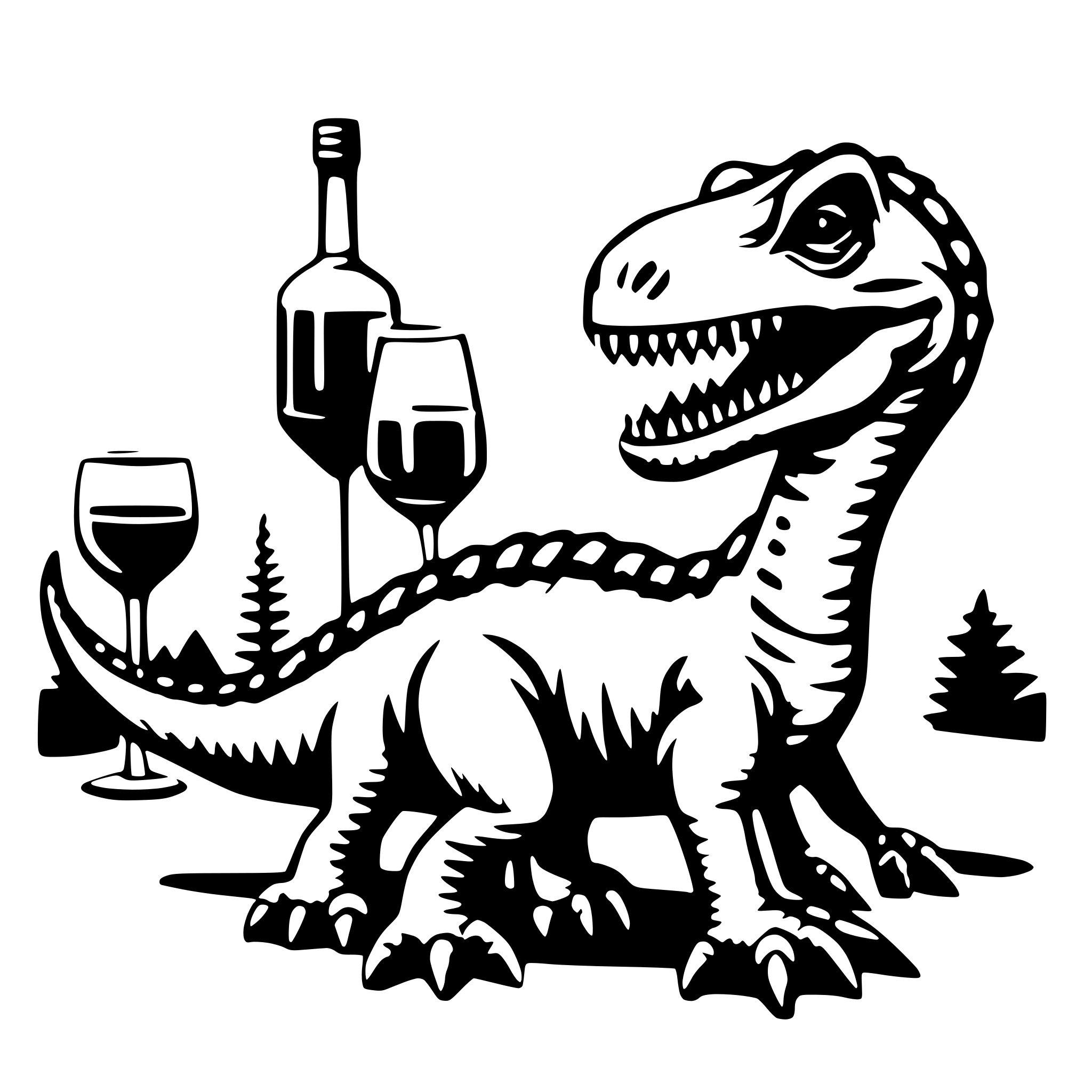 AI-generated SVG of a dinosaur with a glss of wine in the hand