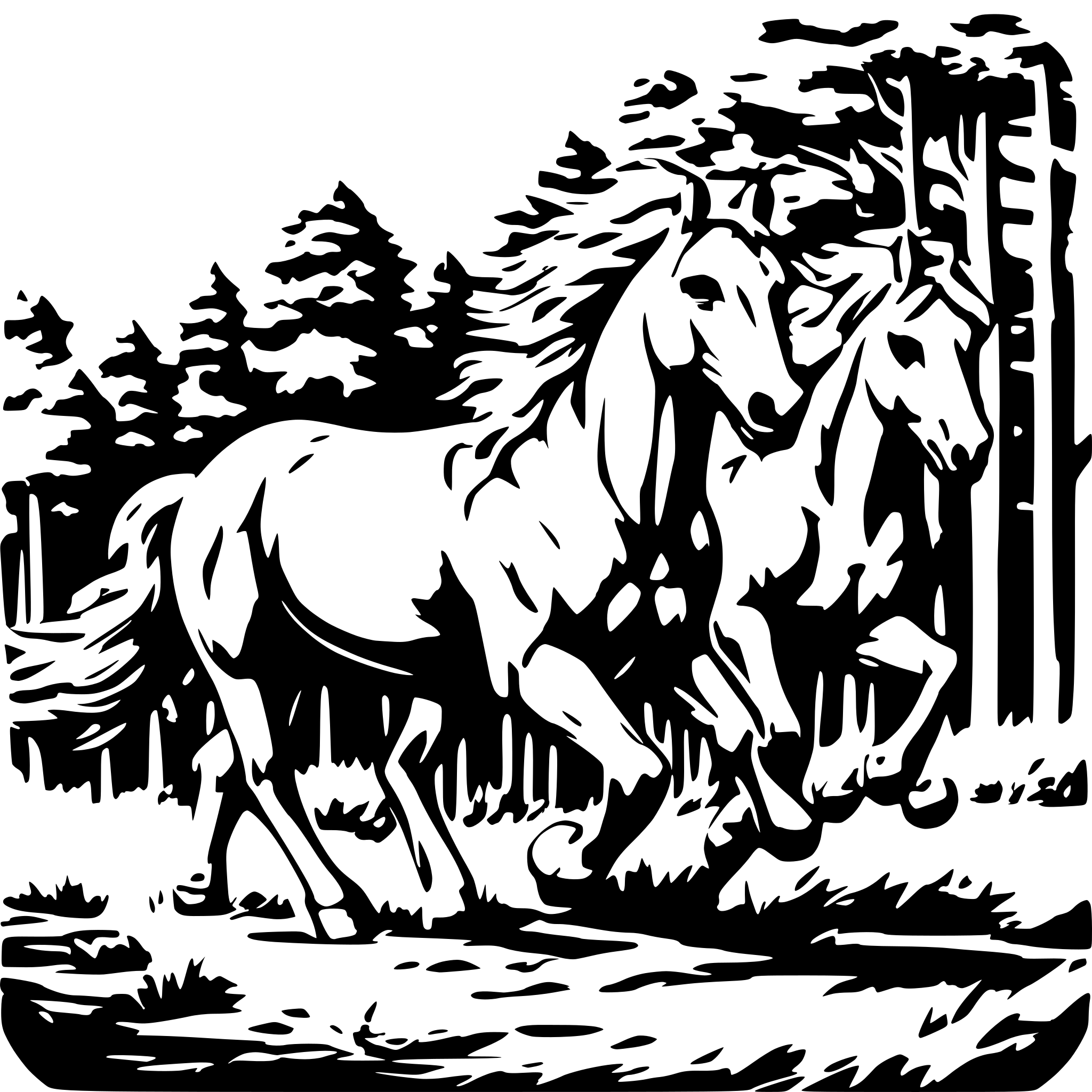 AI-generated SVG of a five to seven galloping horses, at forest edge where the land transitions from dense trees to open plains, with the horses bursting from the treeline into open space