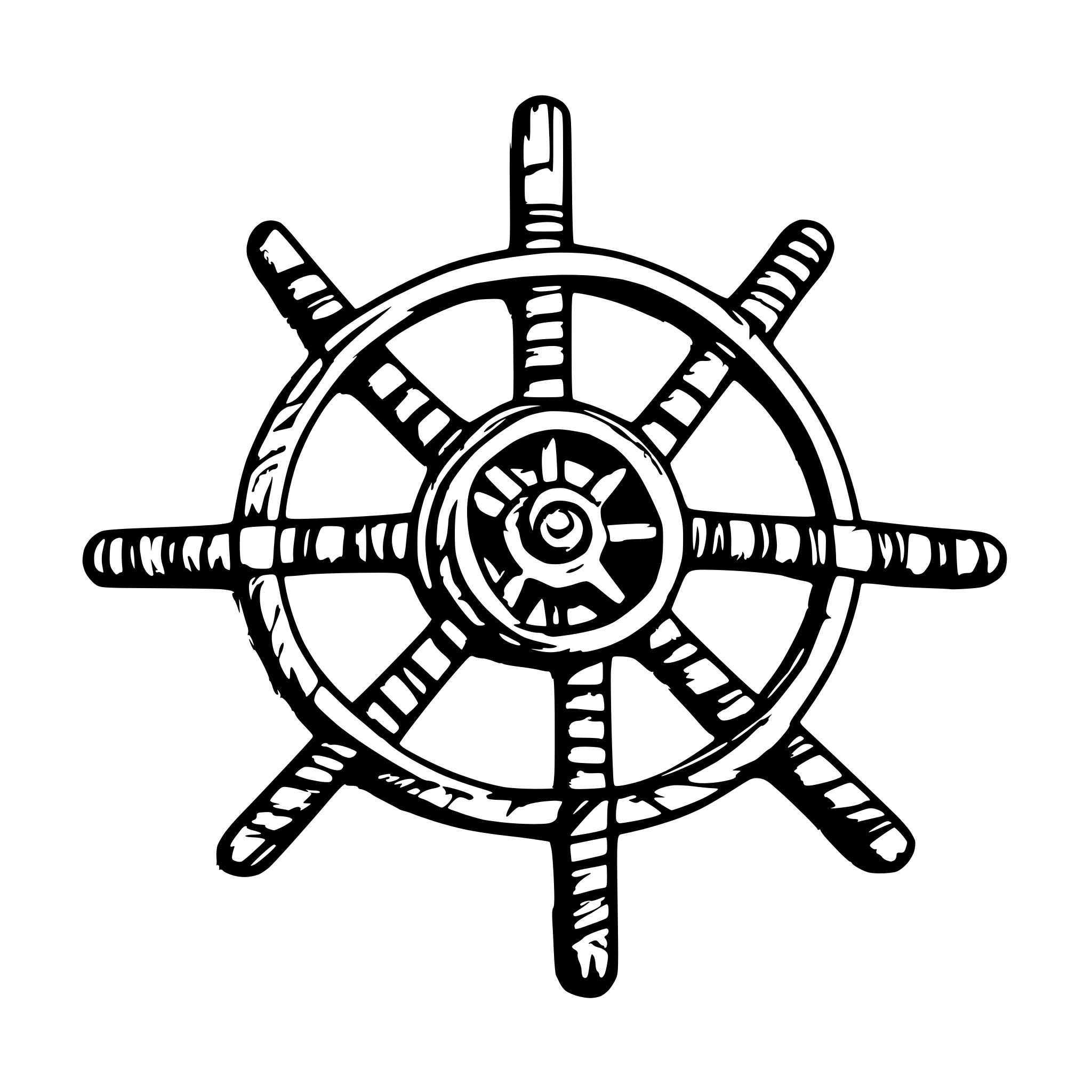 AI-generated SVG of a An old ship wheel with a ball of yarn forming the circular part, and knitting sticks creating 7 handles around the outside