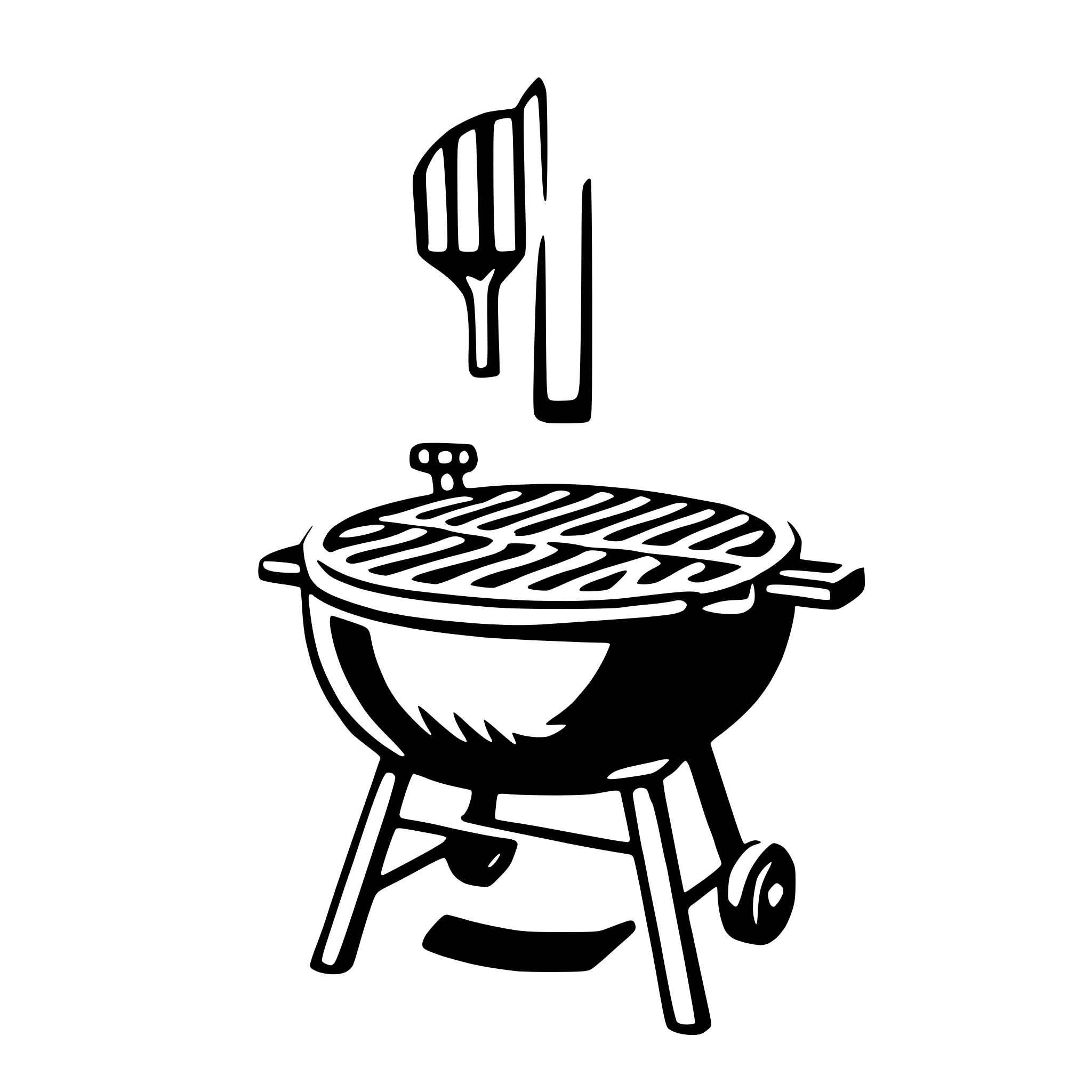 The SVG depicts a simple, stylized illustration of a barbecue grill. The grill is shown with a lid, and there is a spatula or tongs placed on top of the lid. The grill is positioned on a stand with two wheels, suggesting mobility. The illustration is minimalistic, with no additional details or background elements. The style is flat with no shading or gradients, which is typical for vector graphics. 