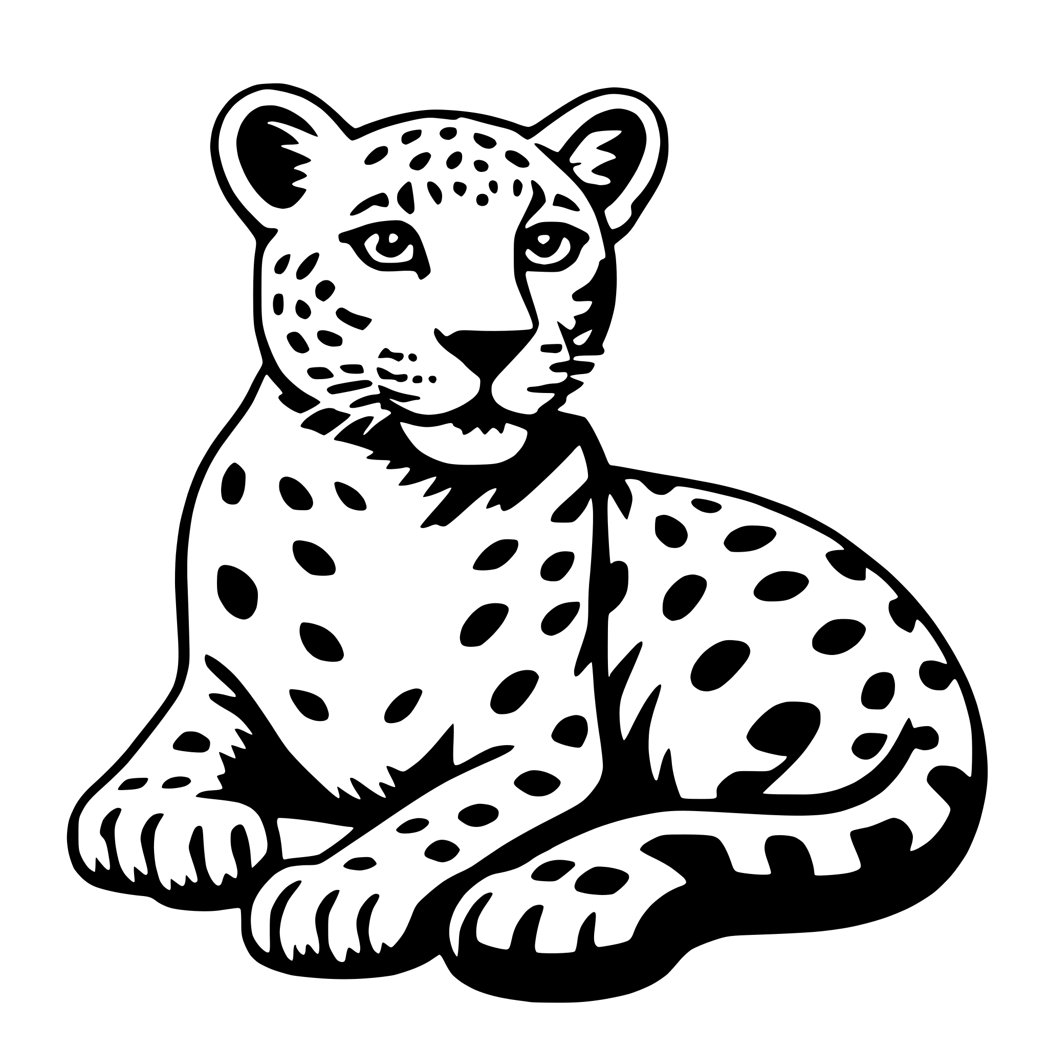 The SVG depicts a stylized, cartoon-like depiction of a leopard. The leopard is sitting upright with its front paws extended forward and its hind legs tucked under its body. It has a prominent, dark eye and a small, triangular ear on top of its head. The leopard's fur is patterned with dark spots on a lighter background, which is typical of the leopard's natural camouflage. The SVG is simple and does not include any additional objects or interactions. 