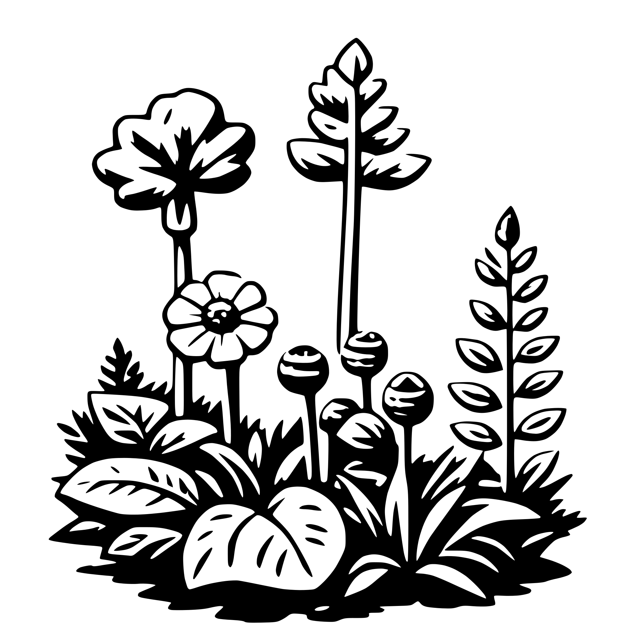The SVG depicts a collection of stylized plants and flowers. There is a prominent flower with a large, rounded petal and a smaller, more pointed petal, both with a simple, leaf-like shape. To the left of this flower, there is a tall, slender plant with a thin stem and a few small leaves. In the center, there is a cluster of three flowers with rounded petals and a small, spherical shape at the base, which could be interpreted as a bulb or a seed pod. To the right, there is a tall, thin plant with a few small leaves and a pointed top. The plants and flowers are arranged in a somewhat naturalistic manner, with the taller plants in the back and the shorter ones in the front, creating a sense of depth. The overall style is simple and graphic, with clean lines and minimal detail. 