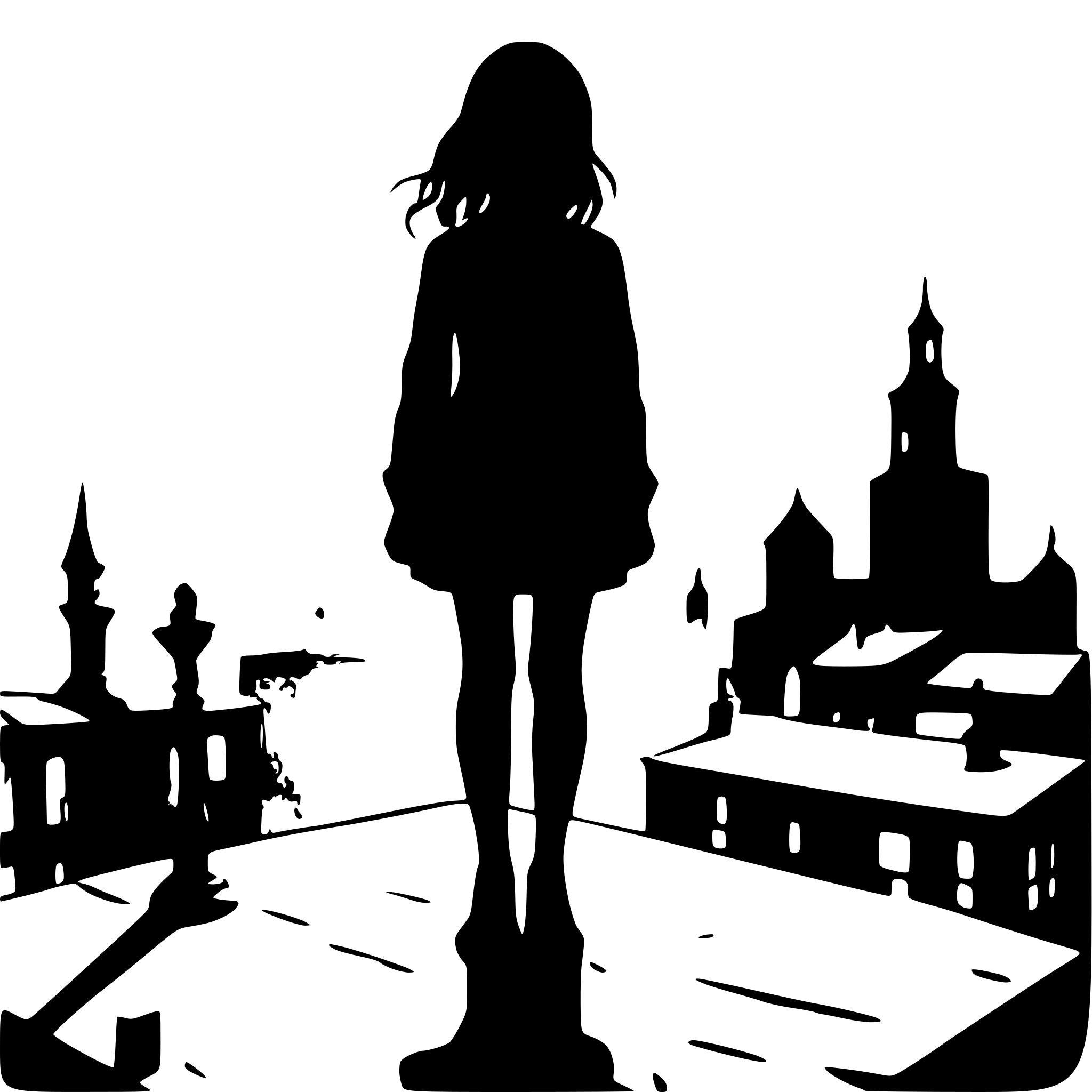 AI-generated SVG of a a creepy girl standing on the edge of creepy city rooftops surrounded by birds and steeples and buildings above her