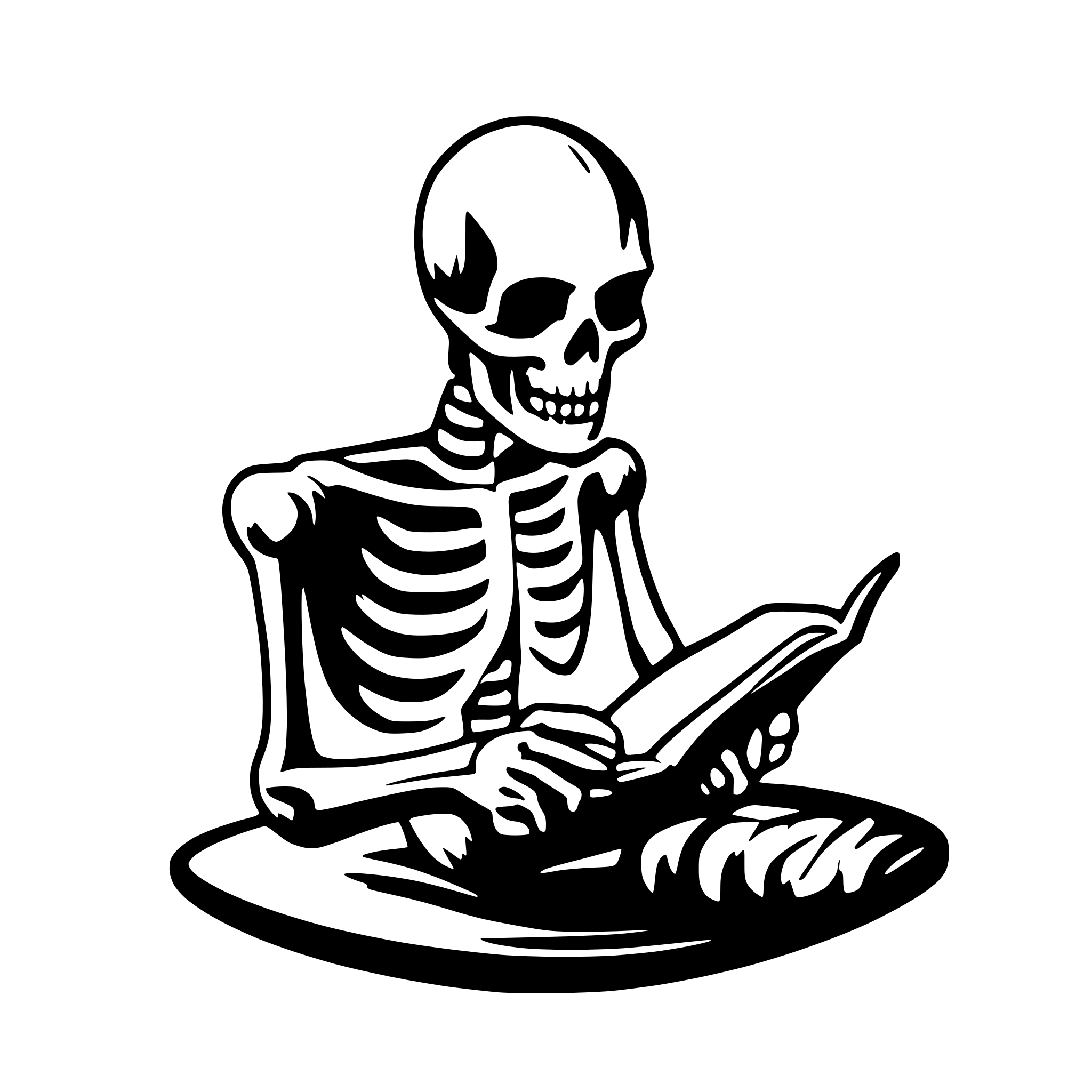 AI-generated SVG of a skeleton reading a book
