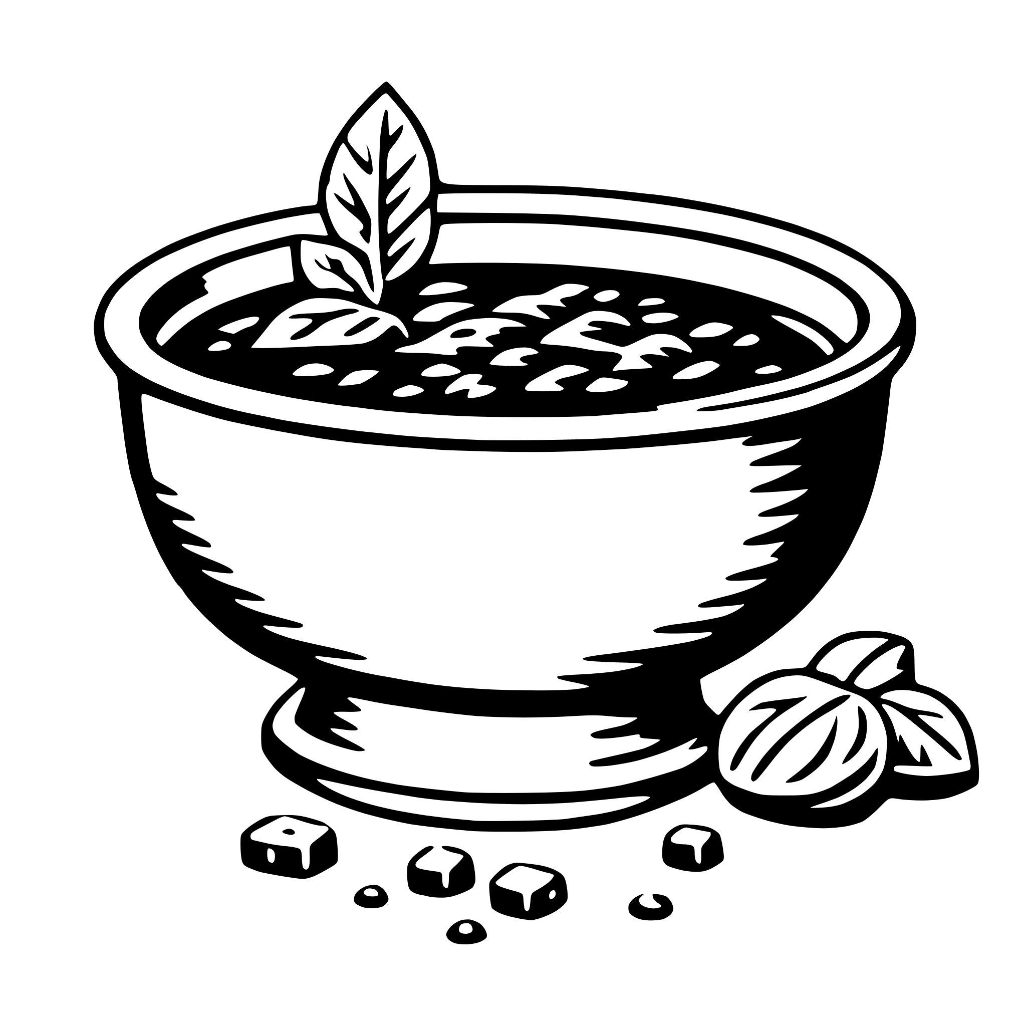 The SVG depicts a black and white illustration of a bowl filled with what appears to be a dark liquid, possibly soup or stew, with a single leaf floating on top. To the right of the bowl, there are two whole spices, which could be cloves or a similar type of spice, and a few broken pieces that might be spices or herbs. The bowl is placed on a flat surface, and the overall style is simple and cartoonish. 