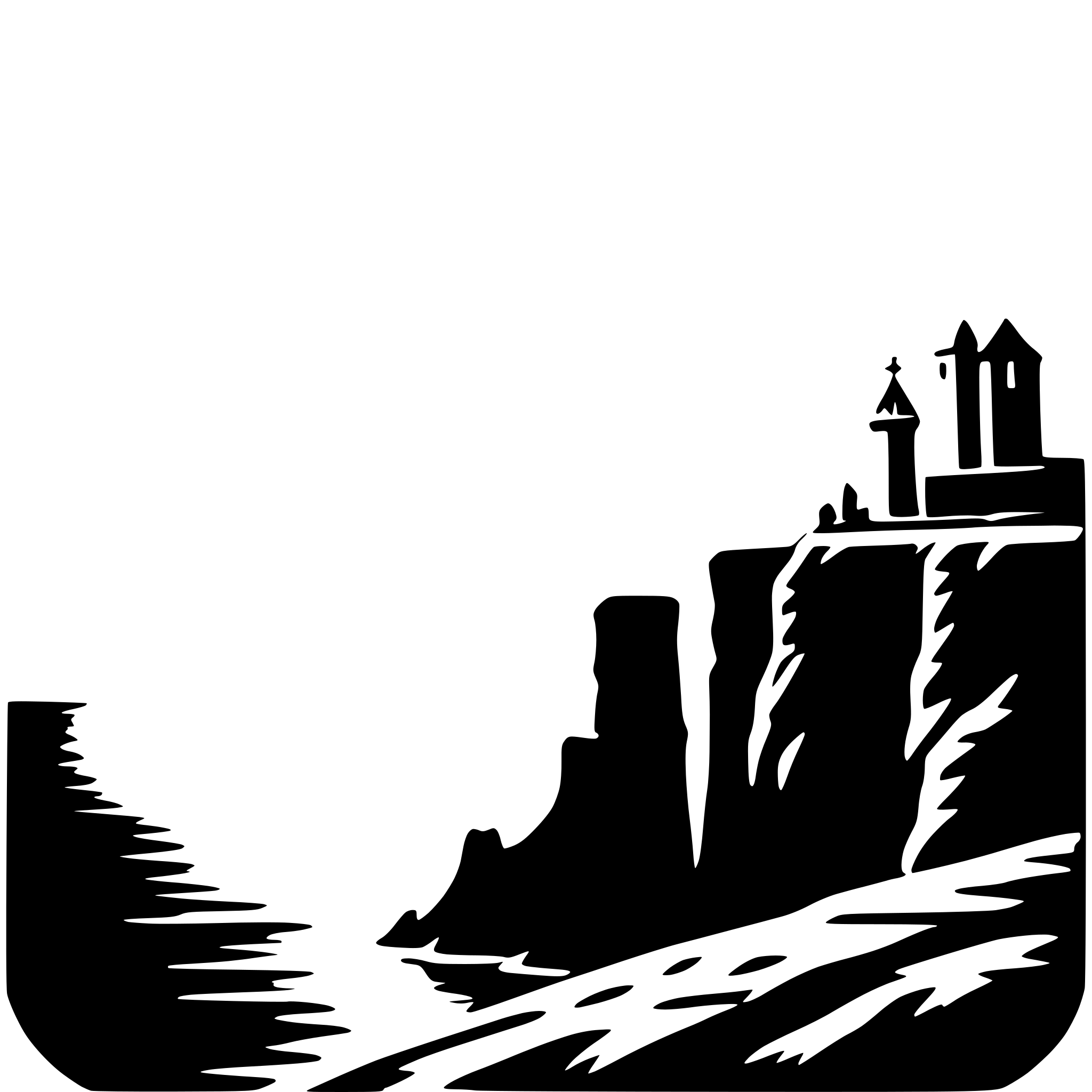 The SVG depicts a stylized landscape scene. On the left side, there is a silhouette of a body of water, possibly a river or a lake, with a small boat or canoe on the water. The water appears to be calm. On the right side, there is a silhouette of a rocky cliff with a castle or fortress perched on top. The castle has multiple towers and a central keep. The cliff and the castle are set against a lighter background, which suggests a sky. The overall style is minimalistic and uses negative space to create the silhouette effect. The SVG does not contain any text or additional elements. 