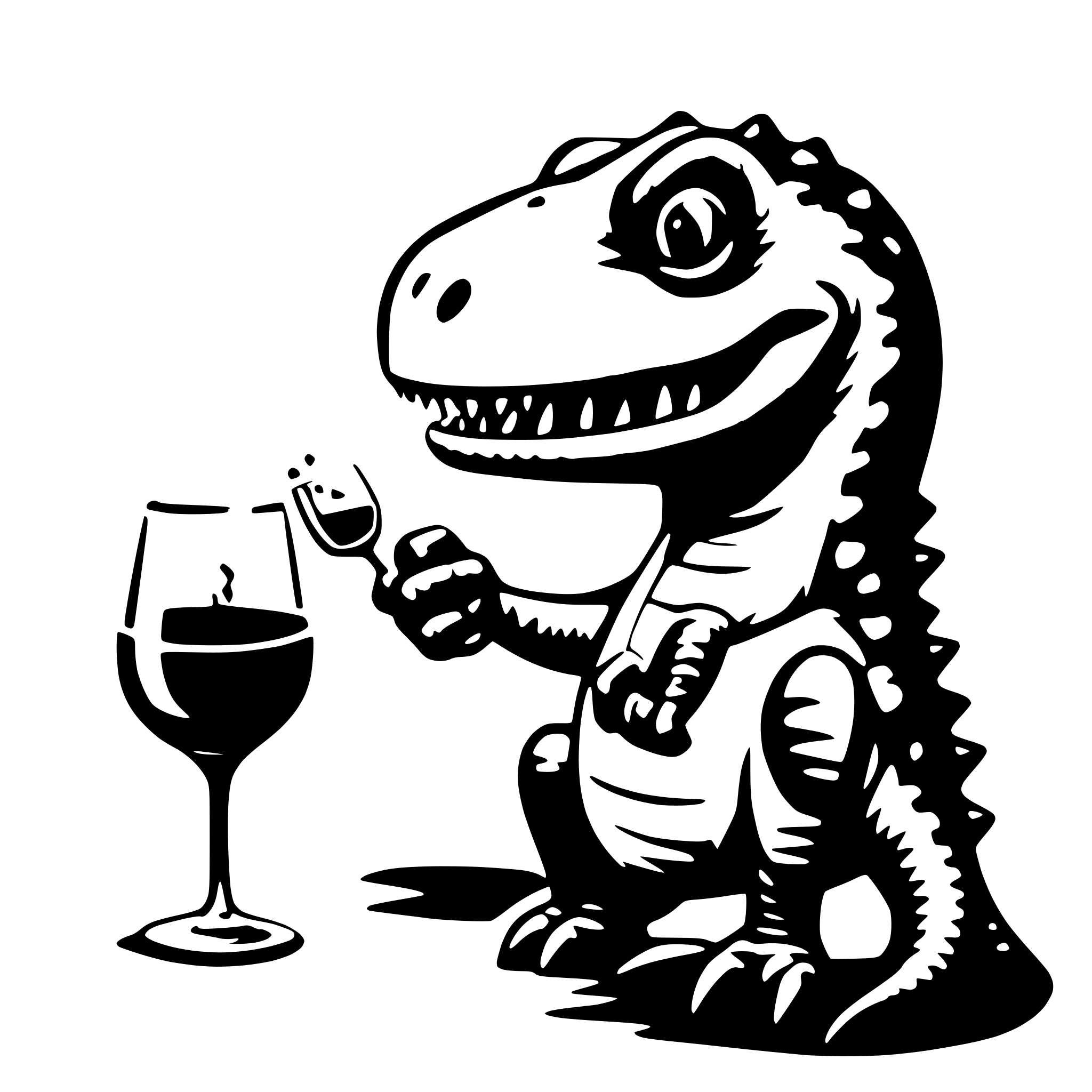 AI-generated SVG of 'dinosaur with a glss of wine in the hand'