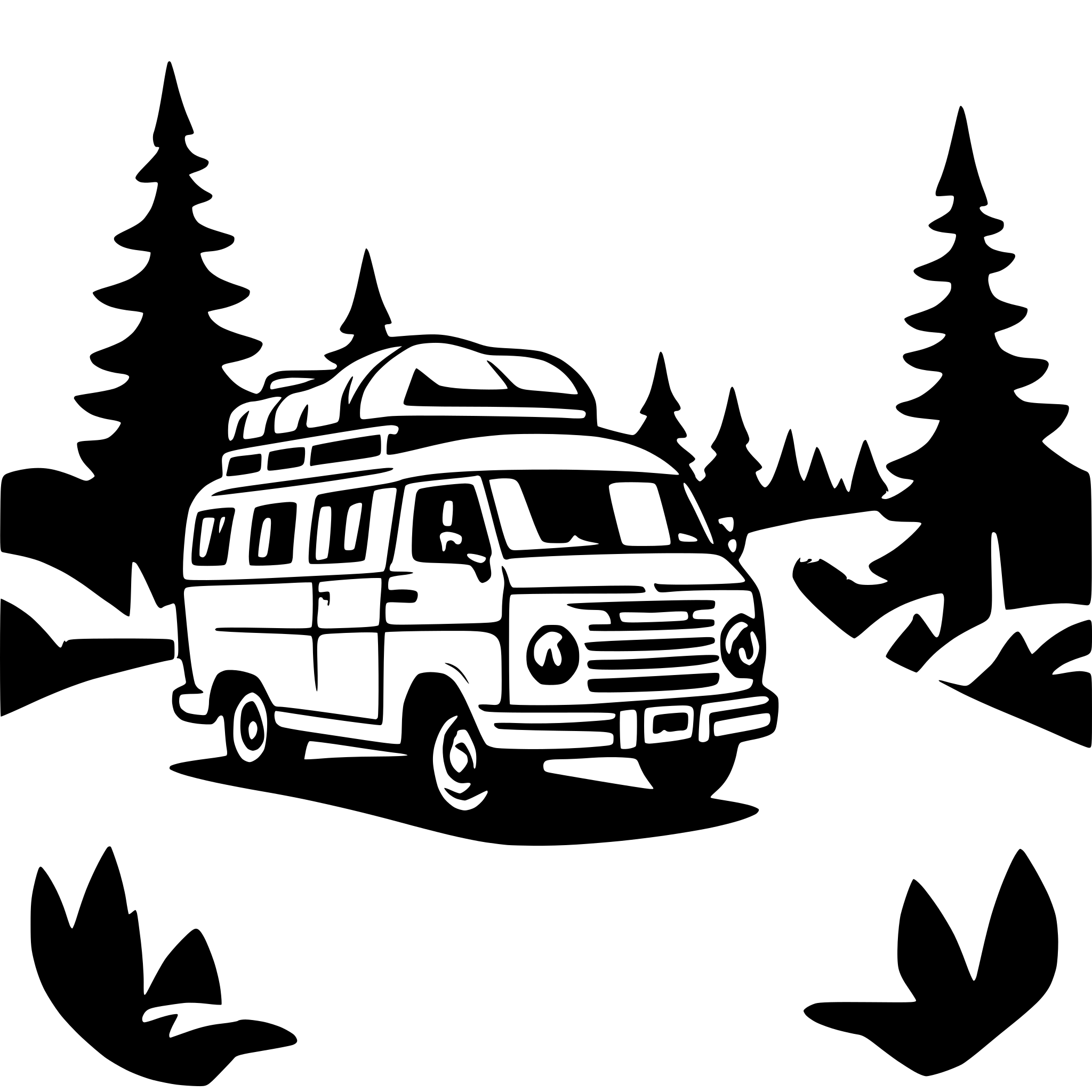 AI-generated SVG of 'Camper van pulling into a campground. Long shot, profile viewpoint.'