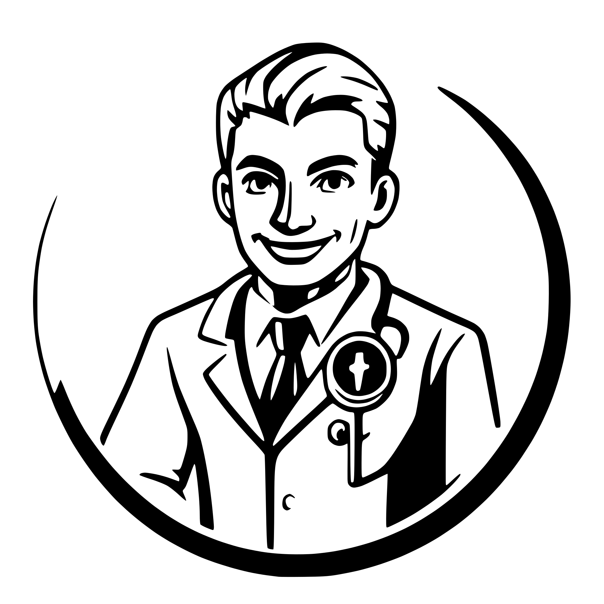 AI-generated SVG of a Logo for doctor-s office, smiling middleage male doctor with stetoscop, no beard, white shirt, circle backgorund