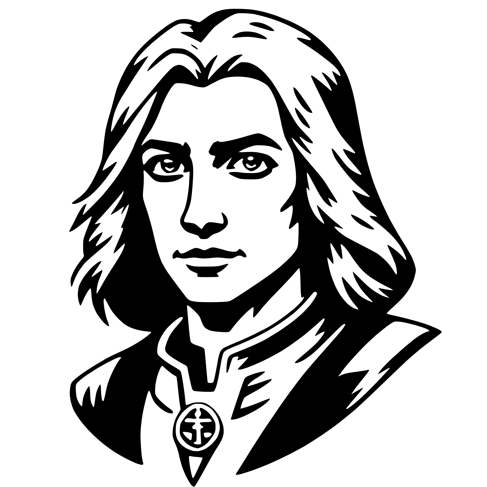 The SVG depicts a stylized portrait of a person with long hair, wearing what appears to be a collar with a symbol on it. The person is looking directly at the viewer, and the overall style is reminiscent of a comic book or graphic novel illustration. The SVG is in black and white, which gives it a classic and timeless feel. The person's expression is neutral, and the artwork is detailed, with shading that suggests depth and dimension. The collar and symbol add a touch of intrigue, suggesting that the character may have a significant role or status within the context of the story or narrative they are part of. 