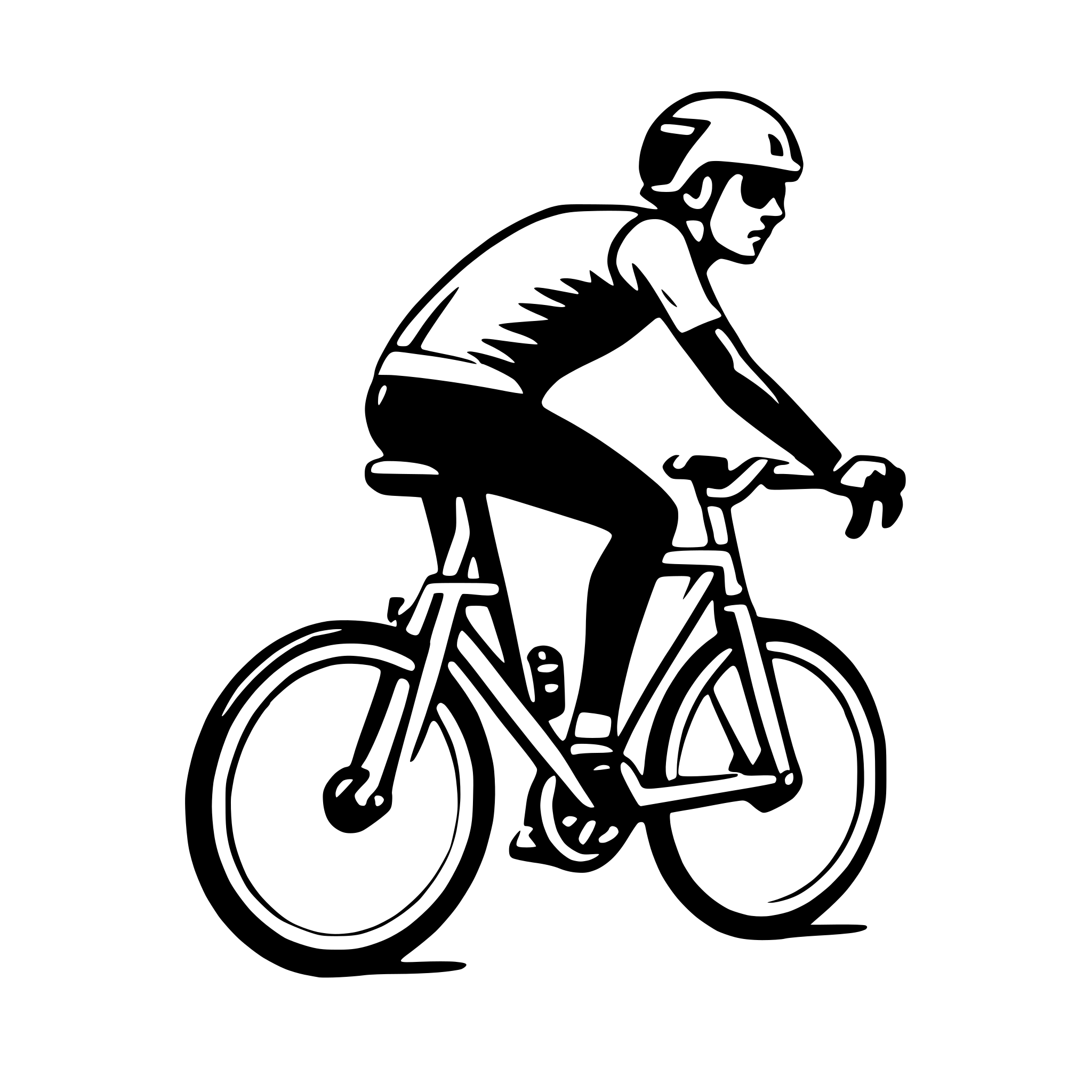 The SVG depicts a stylized black and white illustration of a person riding a bicycle. The rider is wearing a helmet and sunglasses, and is dressed in a short-sleeved shirt and shorts. The bicycle has two wheels, a seat, handlebars, and a chain. The rider's hands are on the handlebars, and the bicycle is positioned as if in motion. The SVG does not contain any text or additional objects. The interaction between the main objects is that the rider is actively pedaling the bicycle, which is a common activity for transportation or recreation. 