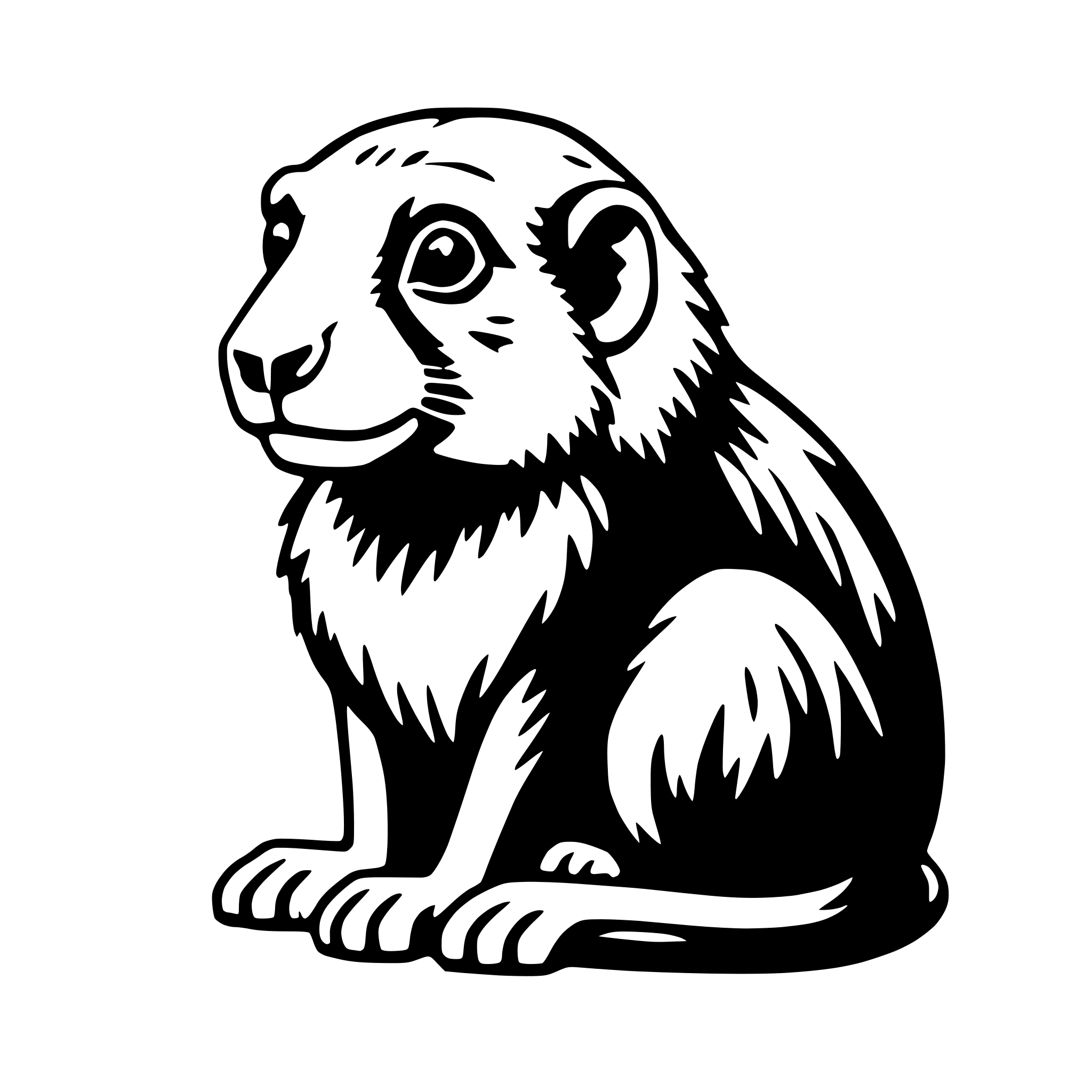 The SVG shows a stylized, cartoon-like depiction of a monkey. The monkey is sitting upright with its front paws extended forward, as if it is resting or posing. It has a round head with large, expressive eyes, a small nose, and a simple mouth that suggests a smile. The monkey's fur appears to be a mix of dark and light shades, giving it a textured look. The monkey's tail is curled around its body, and it has a small tuft of hair on its head. The SVG is simple and does not contain any additional objects or interactions. 