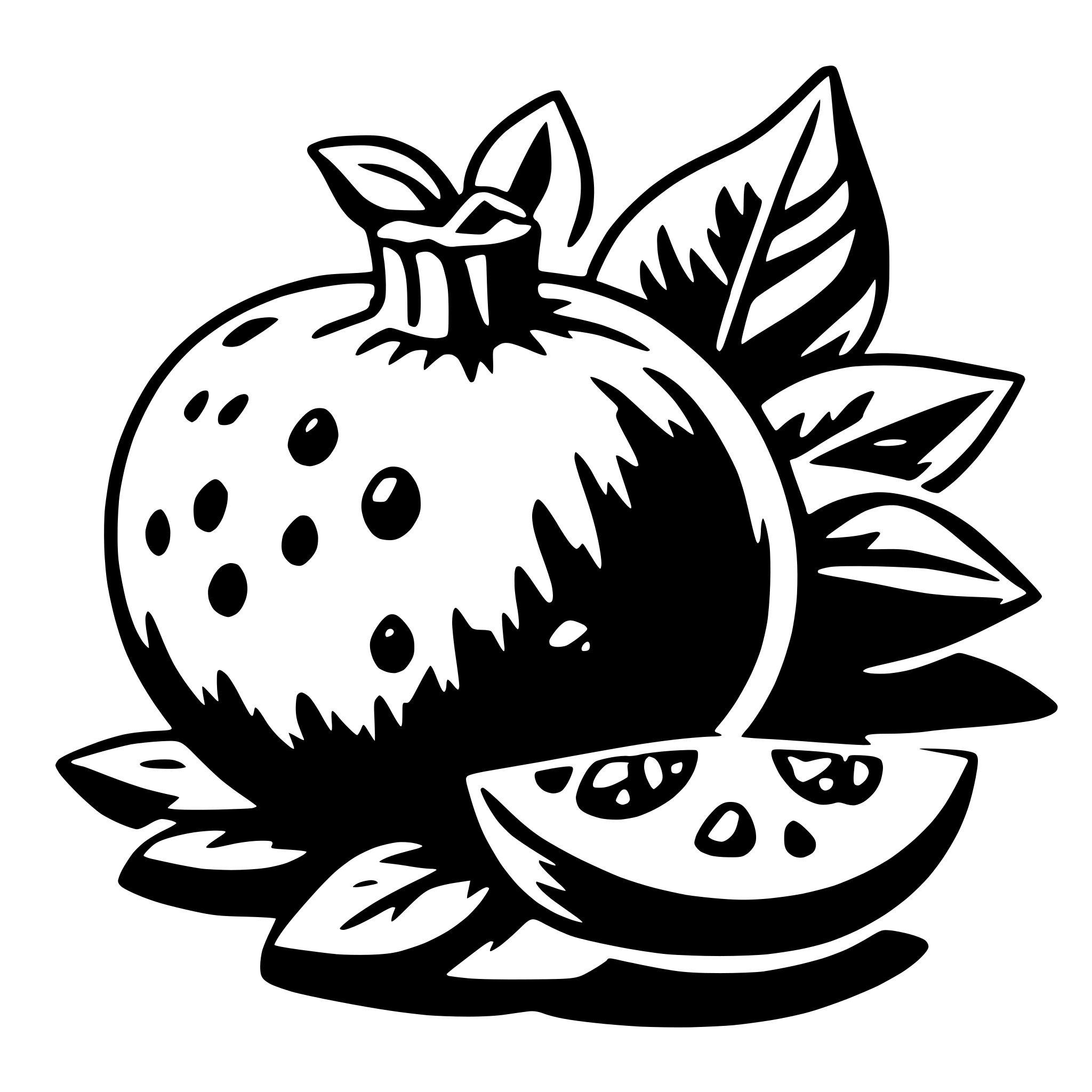 The SVG depicts a stylized illustration of a fruit, which appears to be a pomegranate, with a cut section revealing seeds. The fruit is surrounded by green leaves, and there is a shadow cast beneath it, suggesting a light source from above. The style is simple and graphic, with solid black lines and no shading or gradients. The SVG is symmetrical, with the fruit and leaves arranged in a balanced manner. 
