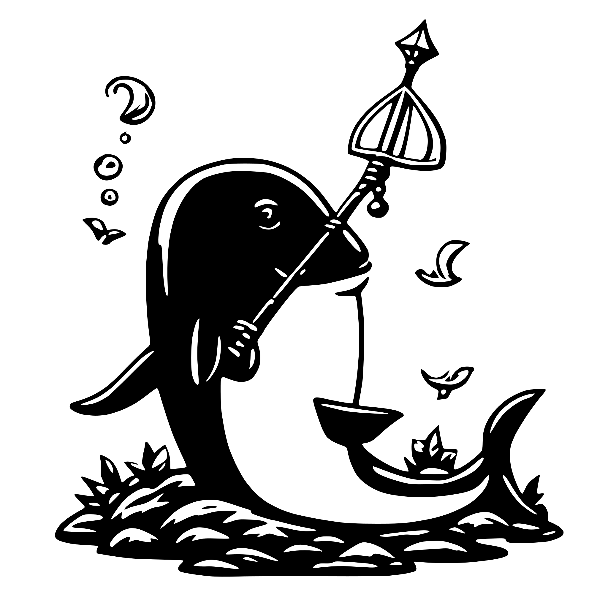 AI-generated SVG of 'a cute and colorful animated whale, holding a mage staff and a lute'