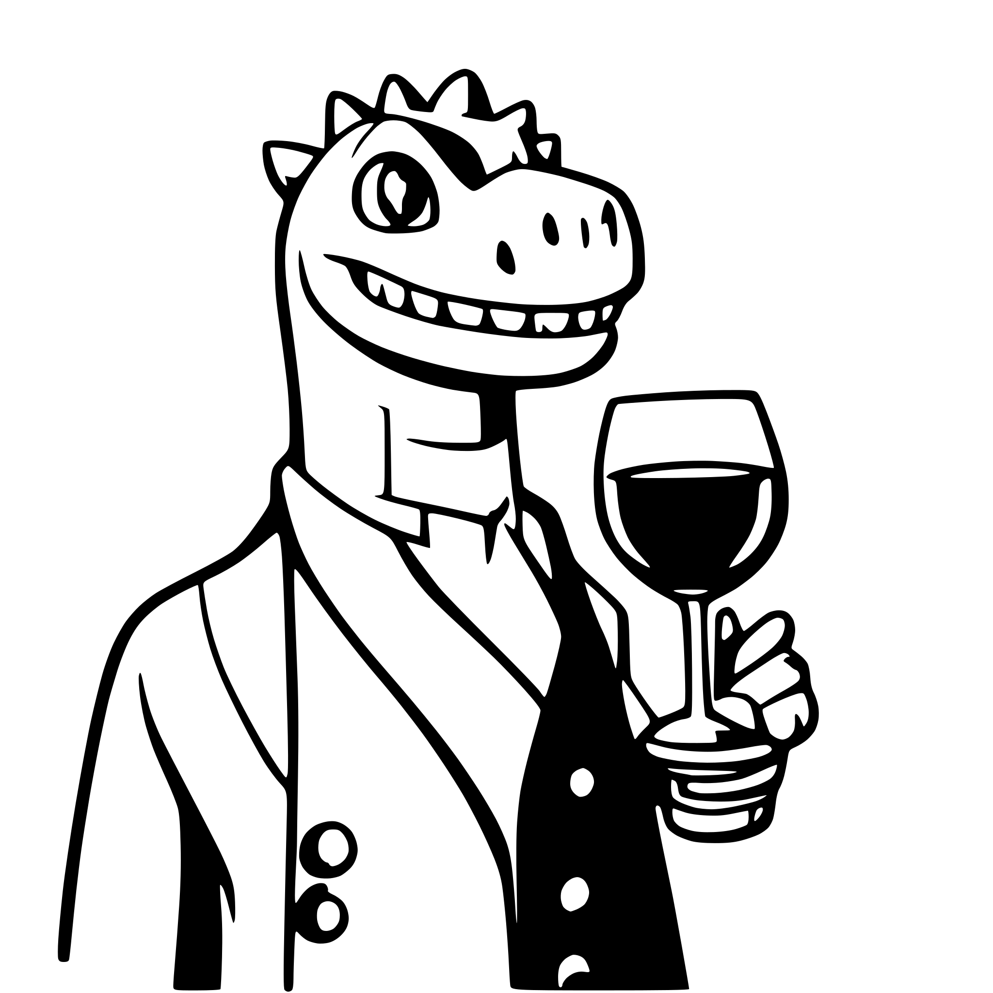 AI-generated SVG of a dinosaur with a glss of wine in the hand