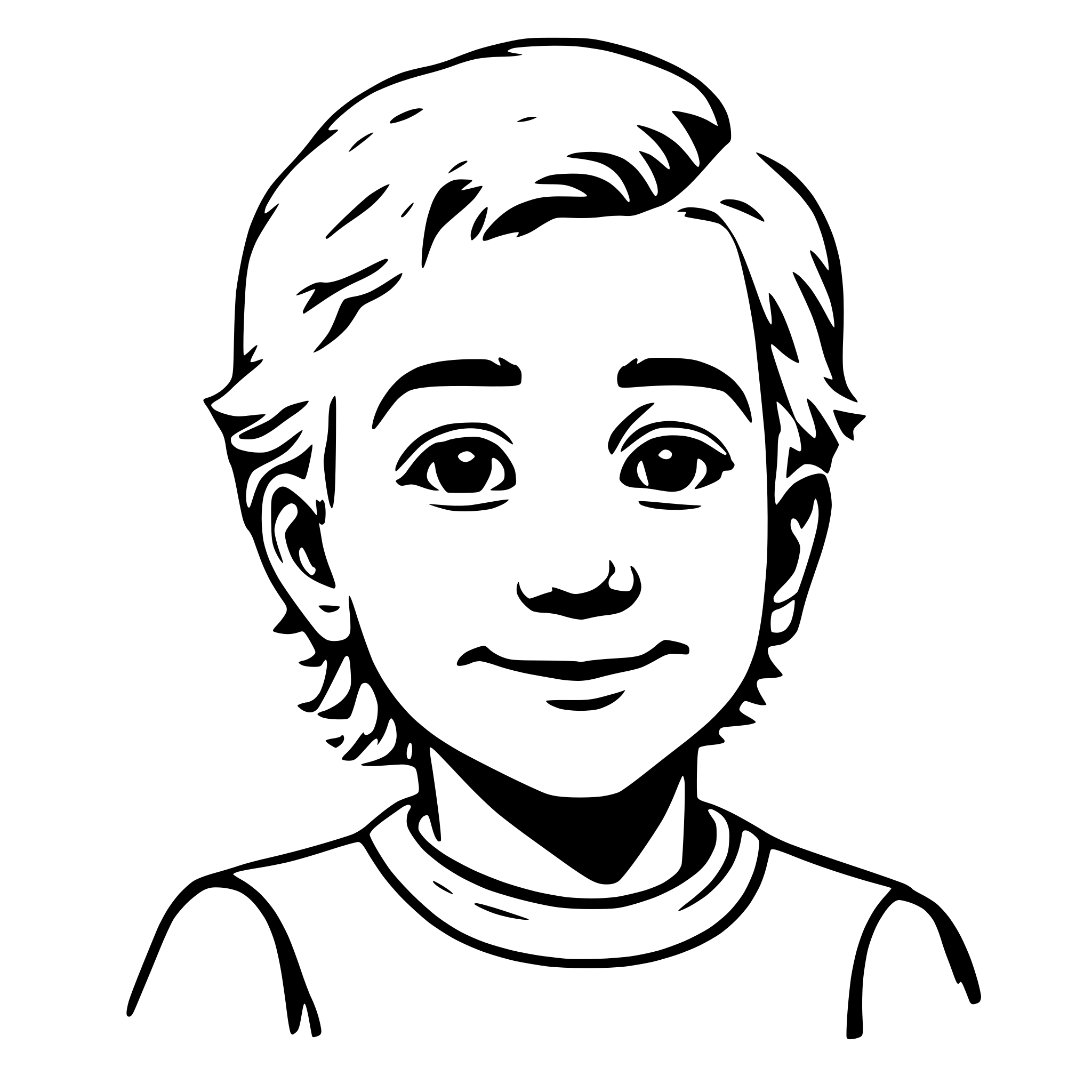 AI-generated SVG of 'write me a vector drawing code of: a face of a kid game character, happy, blonde hair, square face, small ears, round eyes, small mouth and nose, similar to duolingo characters'