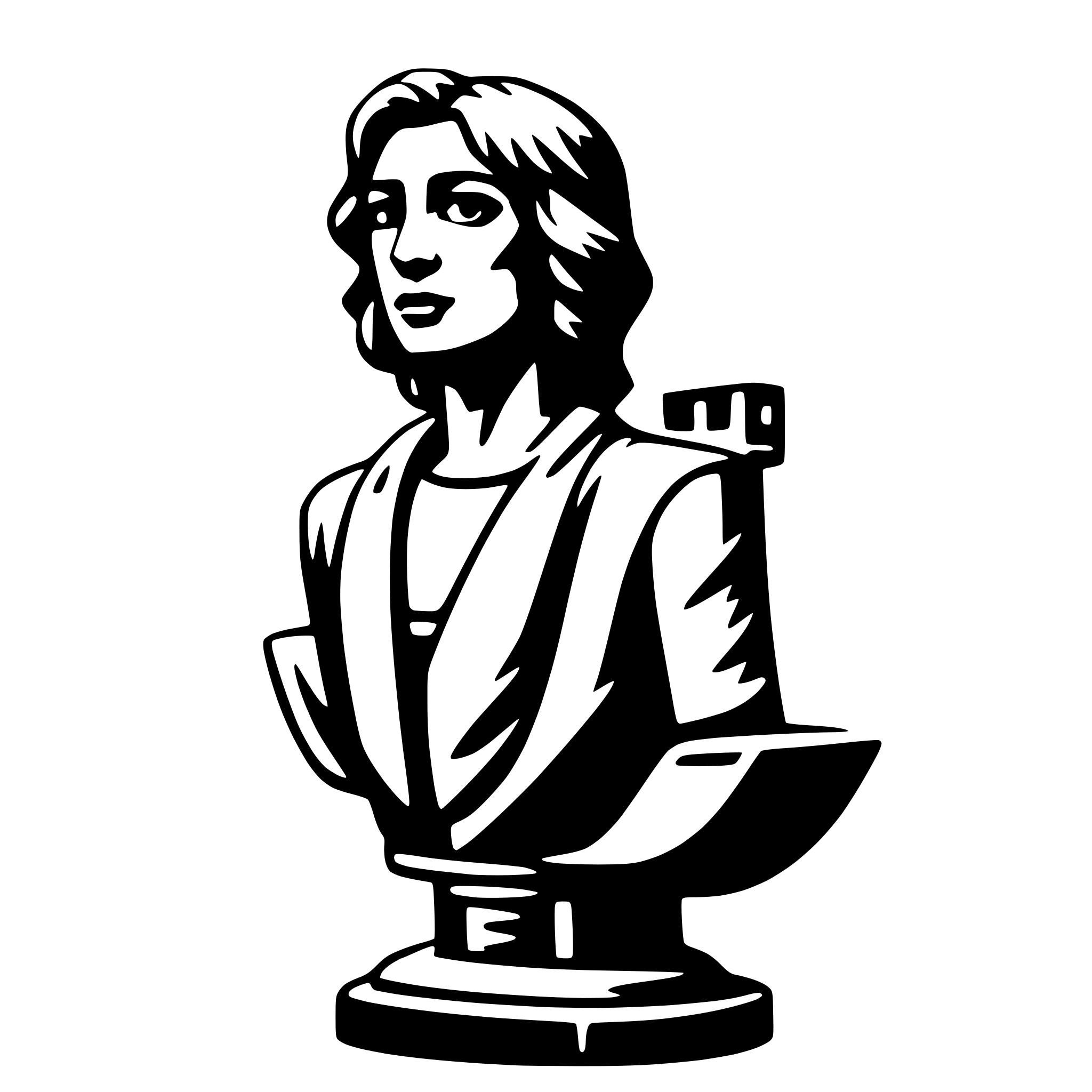 The SVG depicts a stylized, black and white illustration of a bust of a person. The bust is set on a pedestal and features a person with long hair, wearing what appears to be a garment with a collar. The person is depicted with a neutral expression. The style of the illustration is simplistic and graphic, with clean lines and minimal shading. The SVG does not contain any text or additional objects, and the focus is solely on the bust. 
