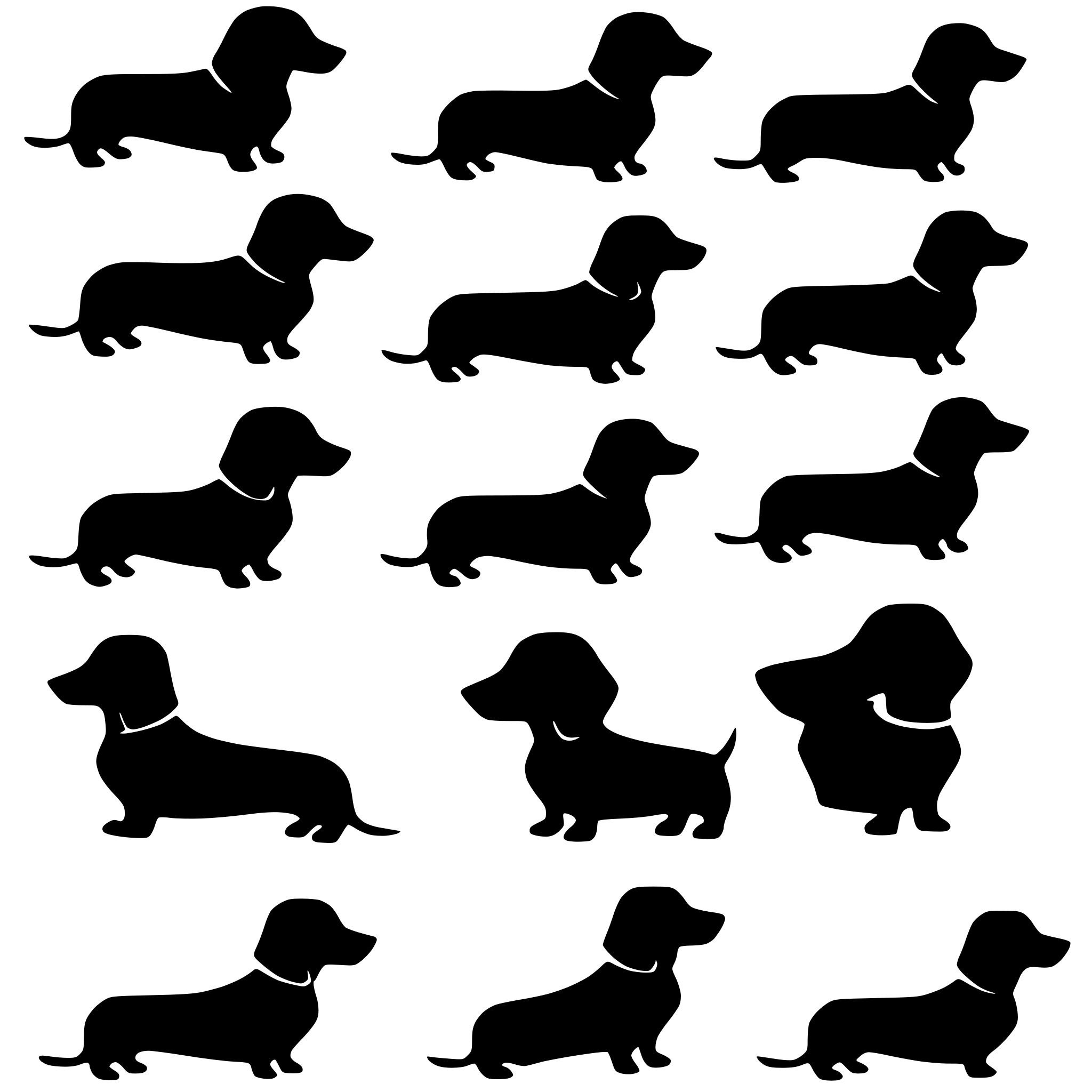 AI-generated SVG of a 20 dachshund silhouette black clipart bundle