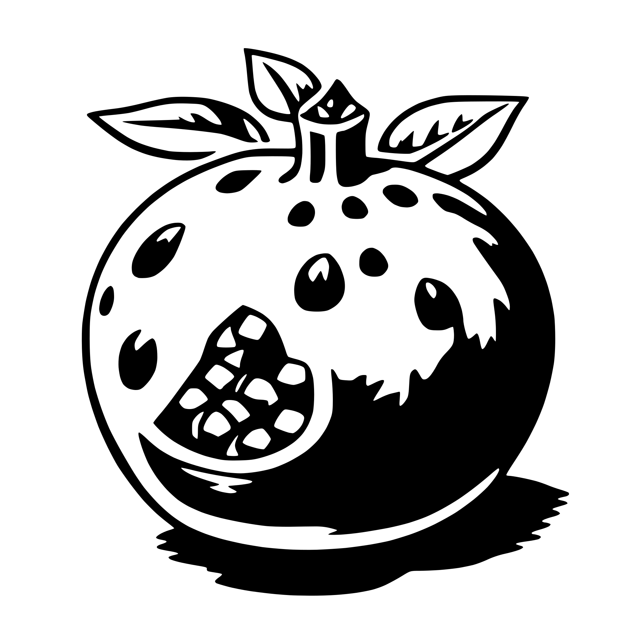 The SVG depicts a stylized, cartoon-like illustration of an apple. The apple is shown with a green leaf on top, indicating freshness. It has a round body with a stem at the top and a leaf attached to it. The apple's surface is textured with small dots, suggesting a rough or pebbled texture. There is a visible stem at the bottom of the apple, and the apple appears to be cut or bitten into, revealing a hollow interior with a few pieces of fruit or seeds inside. The apple is set against a plain background, and there are no other objects or interactions depicted in the SVG. 