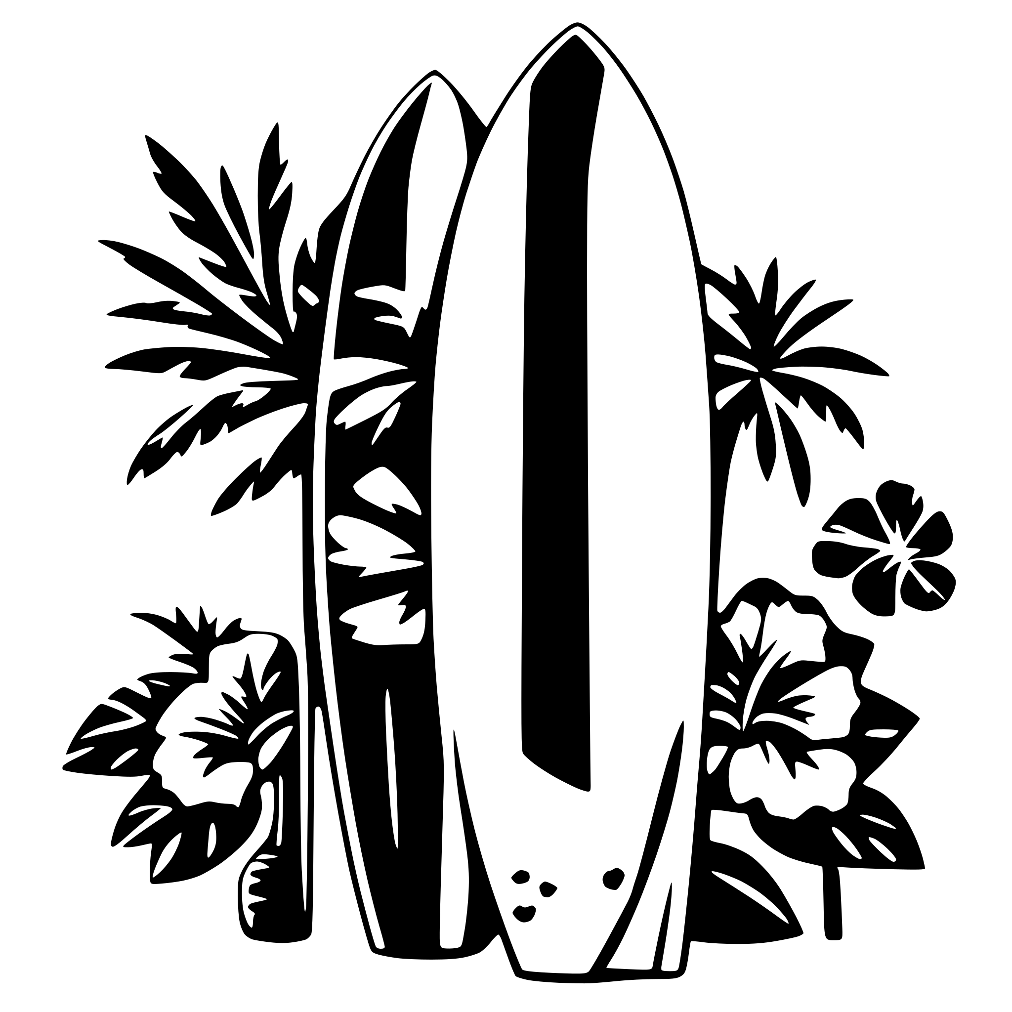 AI-generated SVG of a 3 surf boards with shells, palm trees and hibiscus flower inside