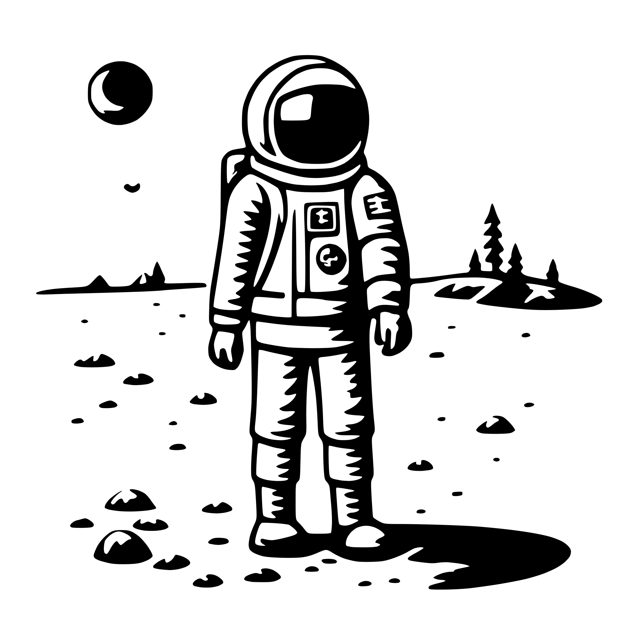 The SVG depicts a stylized astronaut standing on a barren, rocky surface that resembles the moon or another celestial body. The astronaut is wearing a space suit with a helmet, and there are small, irregular rocks scattered around the astronaut's feet. In the background, there is a simple depiction of a landscape with a few trees and a small hill. The sky is clear, and there is a single, small, circular object that could be interpreted as a satellite or a celestial body in the upper left corner of the SVG. The astronaut appears to be standing still, looking towards the horizon, with no direct interaction with the other elements in the SVG. 