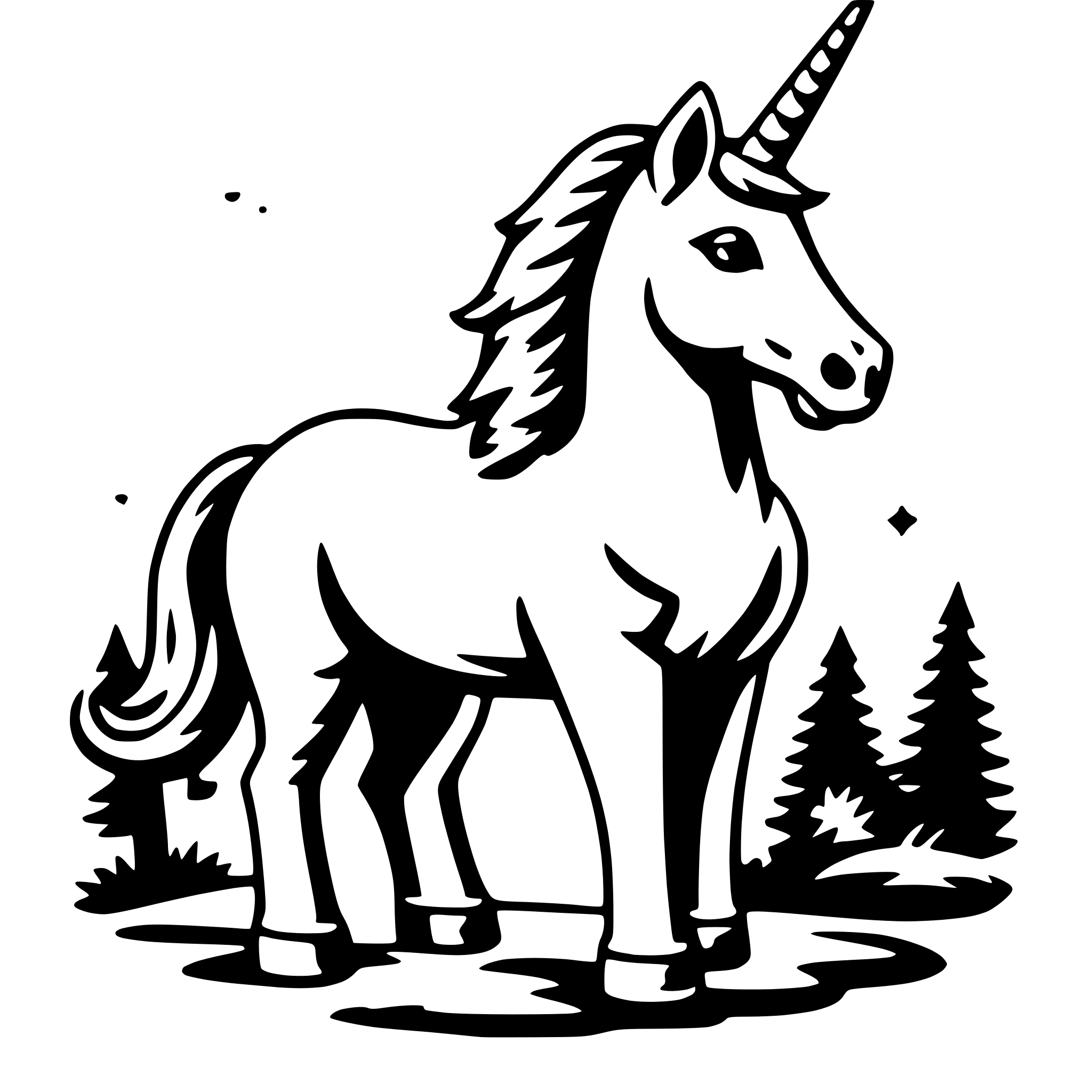 The SVG features a stylized, black and white illustration of a unicorn standing in a forested area. The unicorn is depicted with a mane and tail, and it is standing on a grassy area with trees in the background. The unicorn's horn is raised, and it appears to be looking towards the viewer. The style of the illustration is simple and cartoonish, with bold outlines and minimal shading. The SVG does not contain any text or additional elements. 