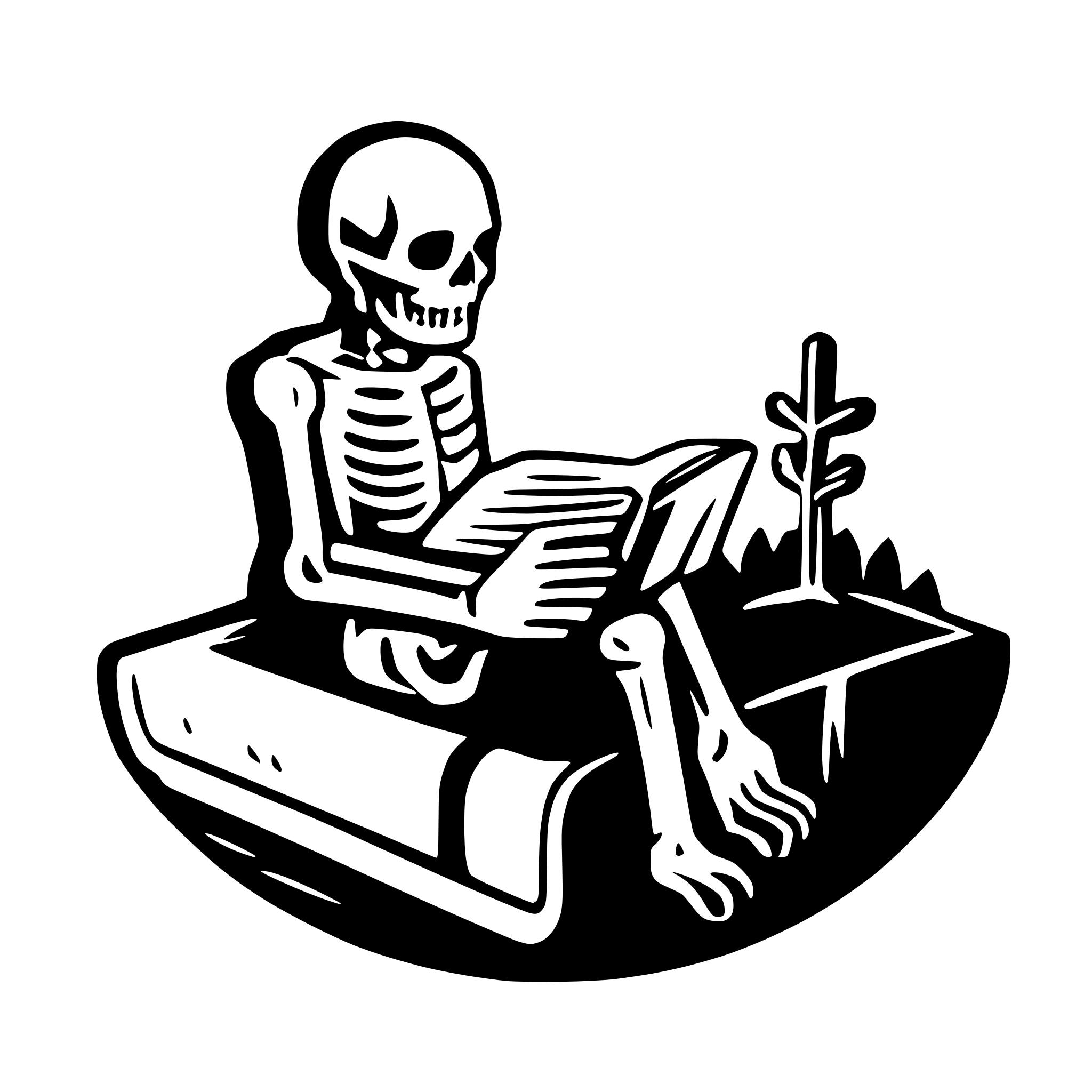 AI-generated SVG of a a skeleton on a cemetery reading a big book