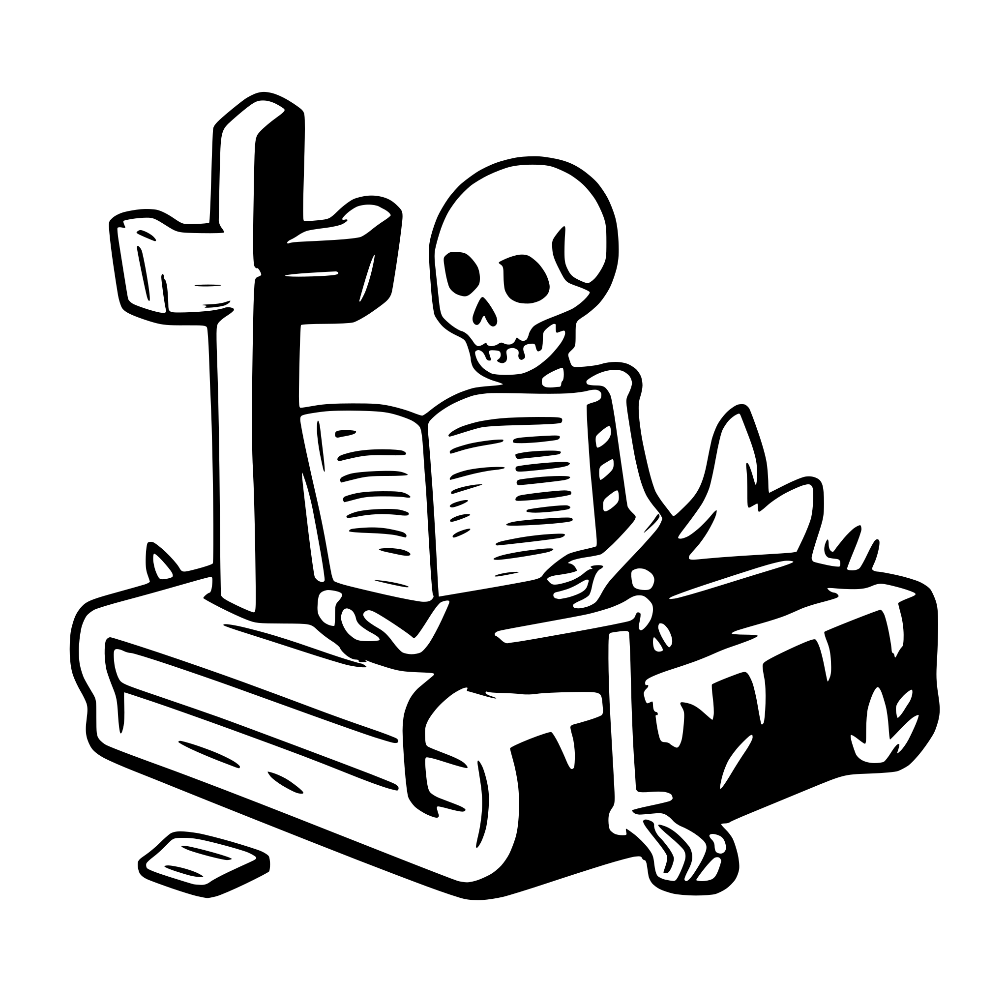 AI-generated SVG of a a skeleton on a cemetery reading a big book
