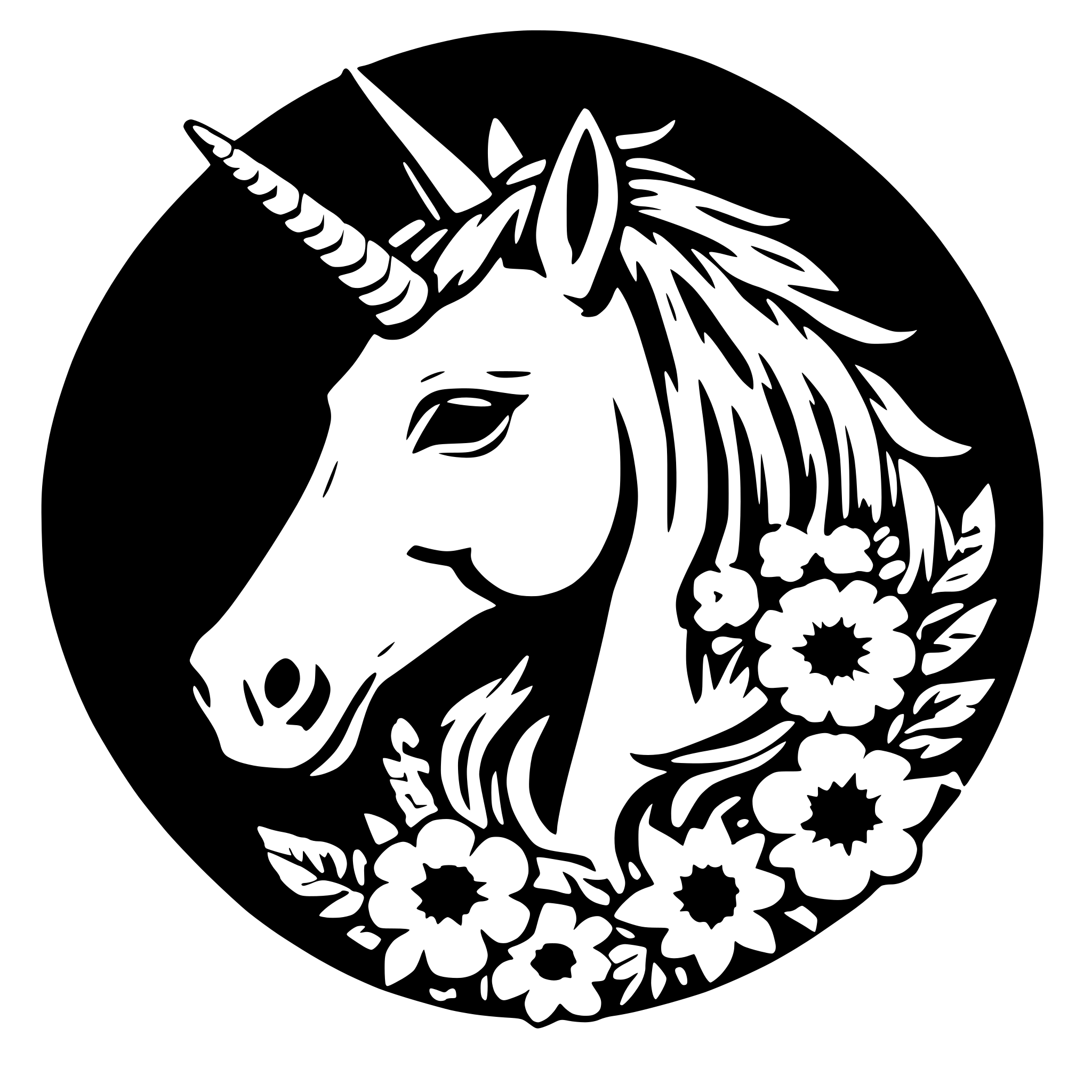 AI-generated SVG of a Beautiful unicorn head with flowers round design