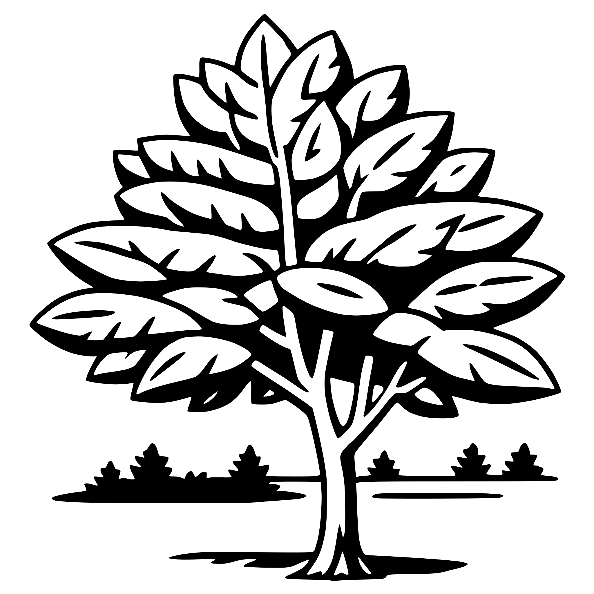 The SVG depicts a stylized tree with a prominent trunk and a canopy of leaves. The leaves are arranged in a symmetrical pattern, with the largest leaves at the top and smaller ones towards the bottom. The tree is set against a simple background that suggests a horizon line with a few silhouettes of trees or bushes. The style is minimalistic and appears to be a graphic or icon rather than a realistic representation. 