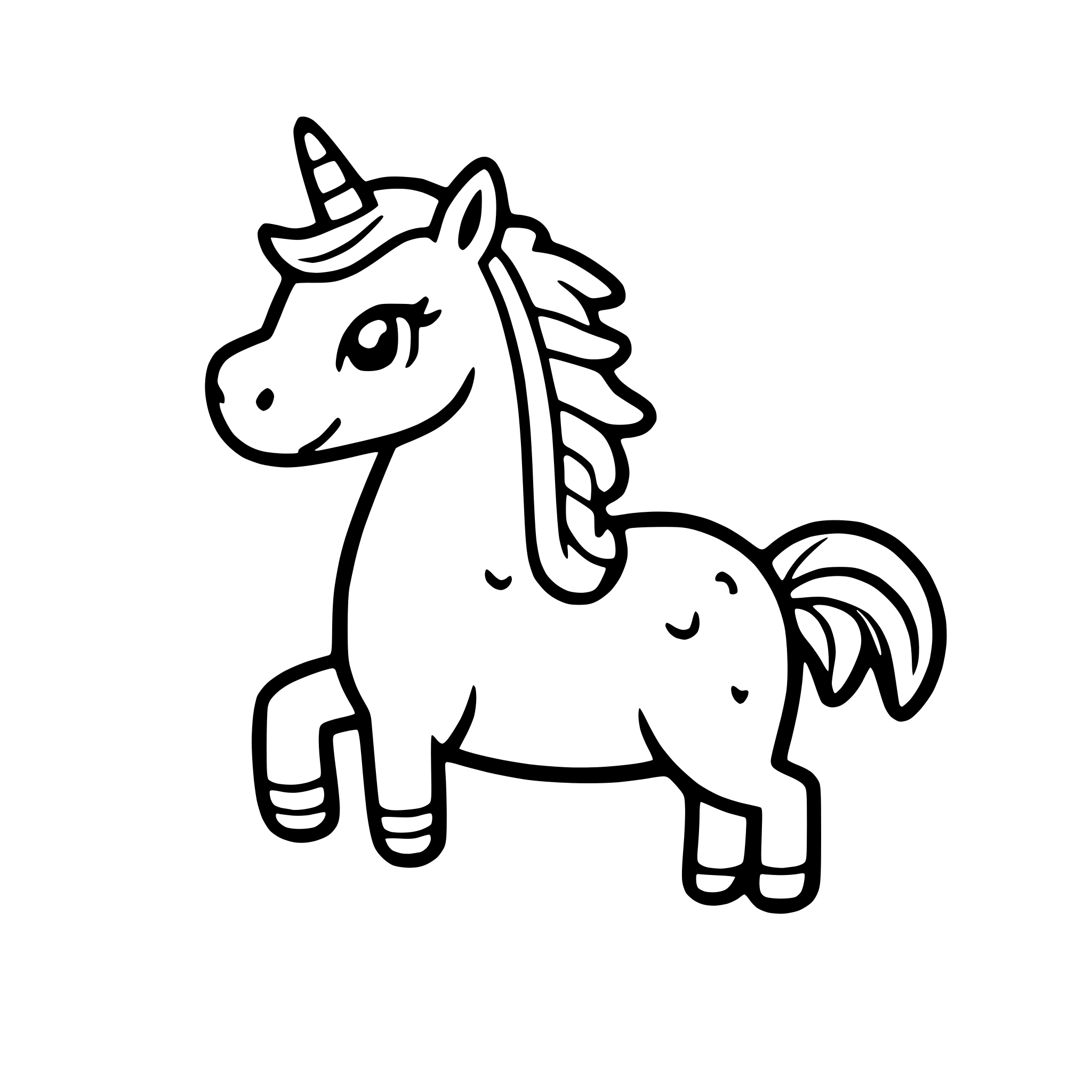 AI-generated SVG of a a rainbow-colored unicorn dancing on clouds