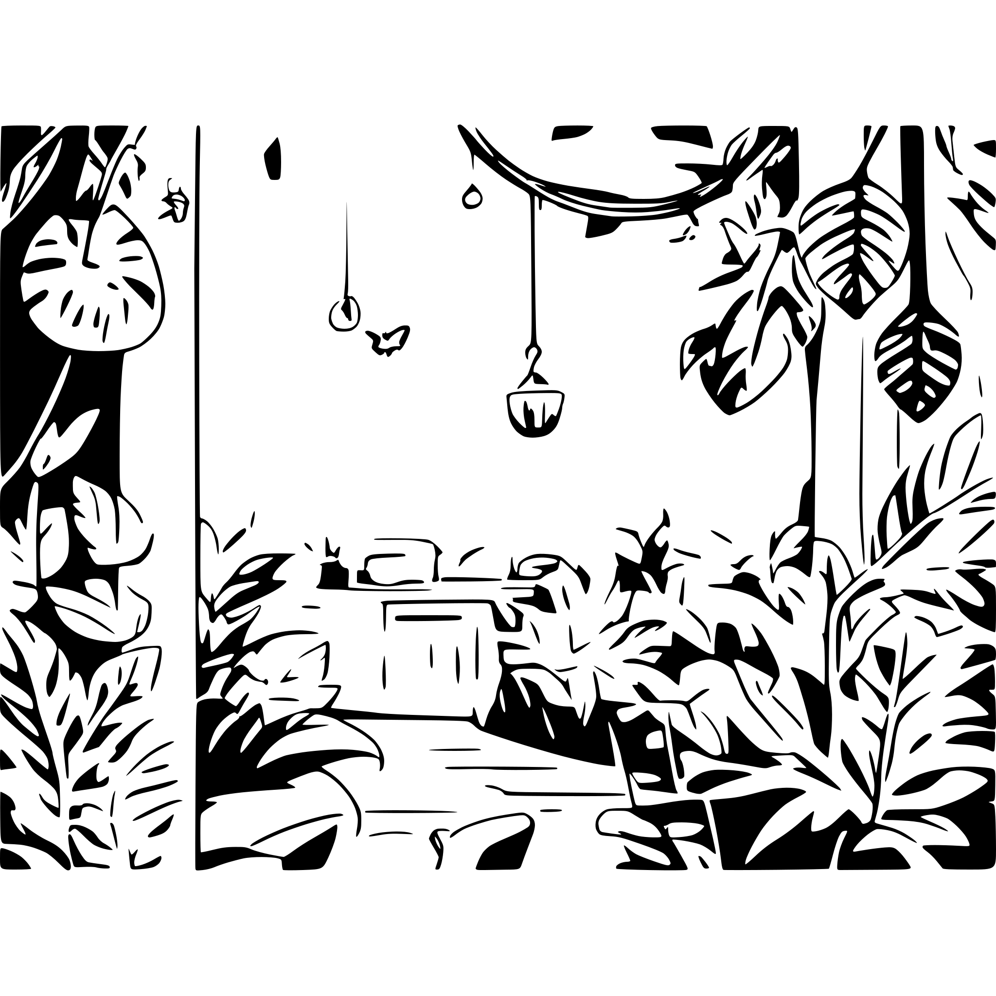 AI-generated SVG of a A vibrant jungle scene with lush green ferns, hanging vines, and a bright blue sky peeking through the dense foliage. Colorful butterflies flutter around, adding a playful touch to the lively environment. The atmosphere feels magical and full of life. Soft, warm sunlight filters through the trees, casting dappled light. Wide-angle perspective, slight camera sway to enhance the natural movement of leaves and butterflies.