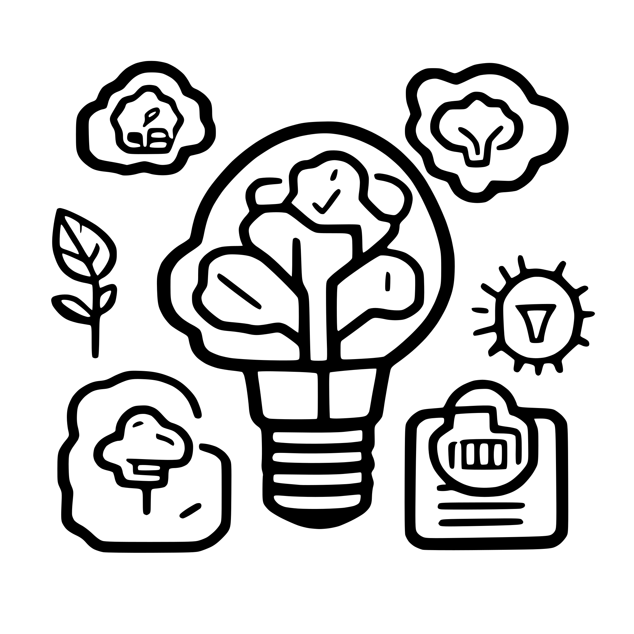 AI-generated SVG of a doodle that includes sketches of thought bubbles containing icons like lightbulbs, charts, or graphs to represent brainstorming and planning.
